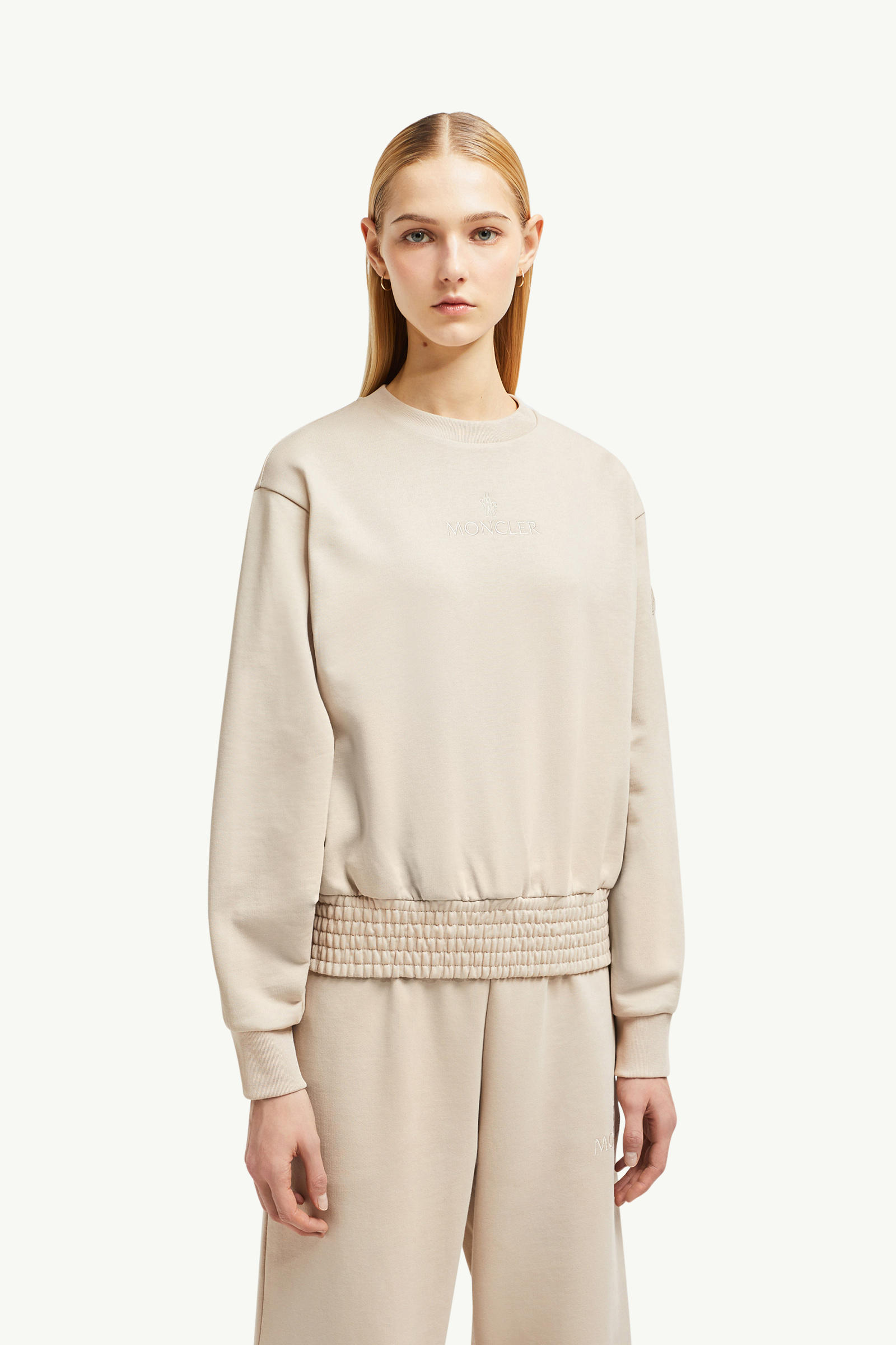 Pleated Sleeve Cotton Sweatshirt Women Sand Beige Moncler 3