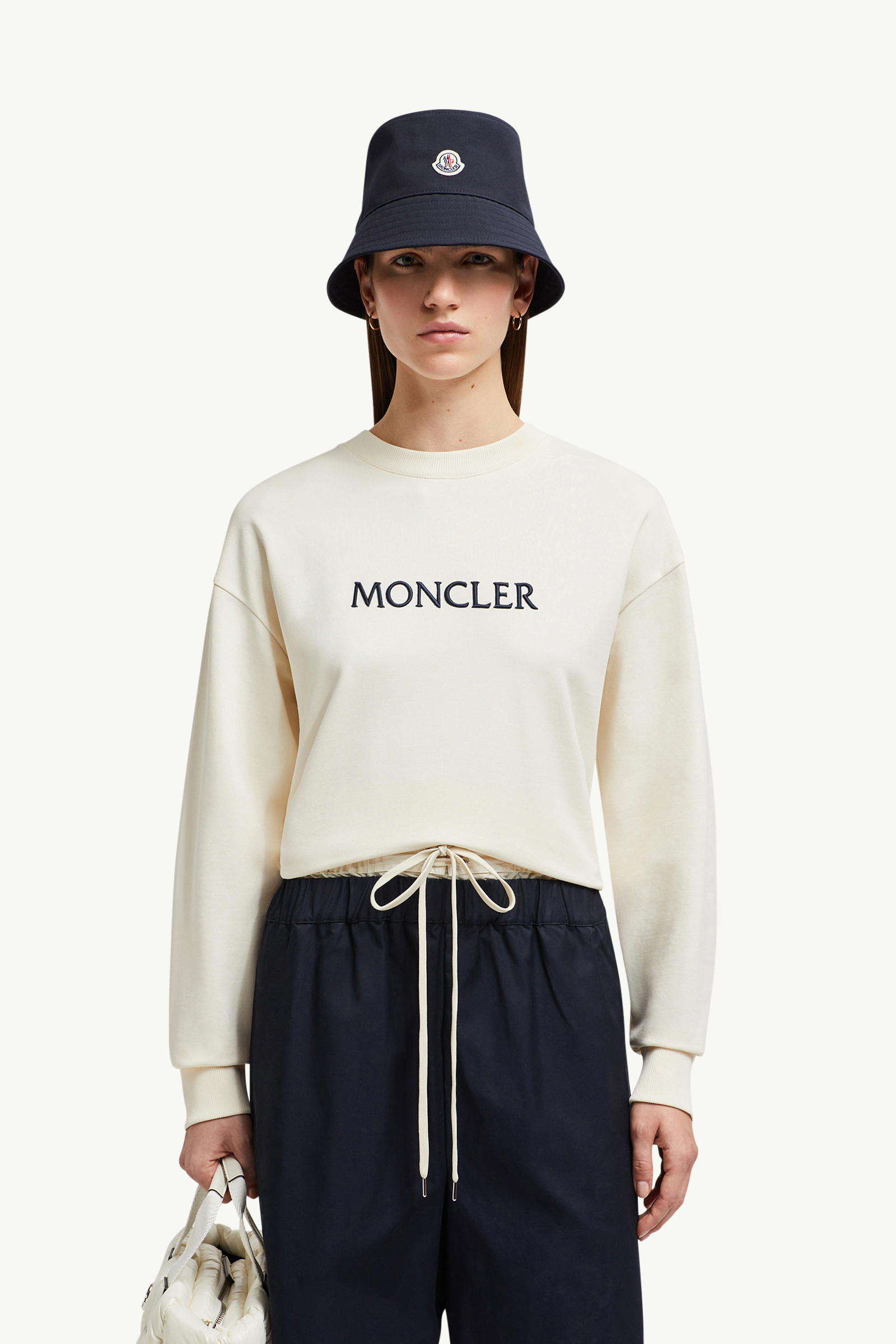 Embroidered Tonal Logo Cotton Sweatshirt Women White Ivory Moncler 0