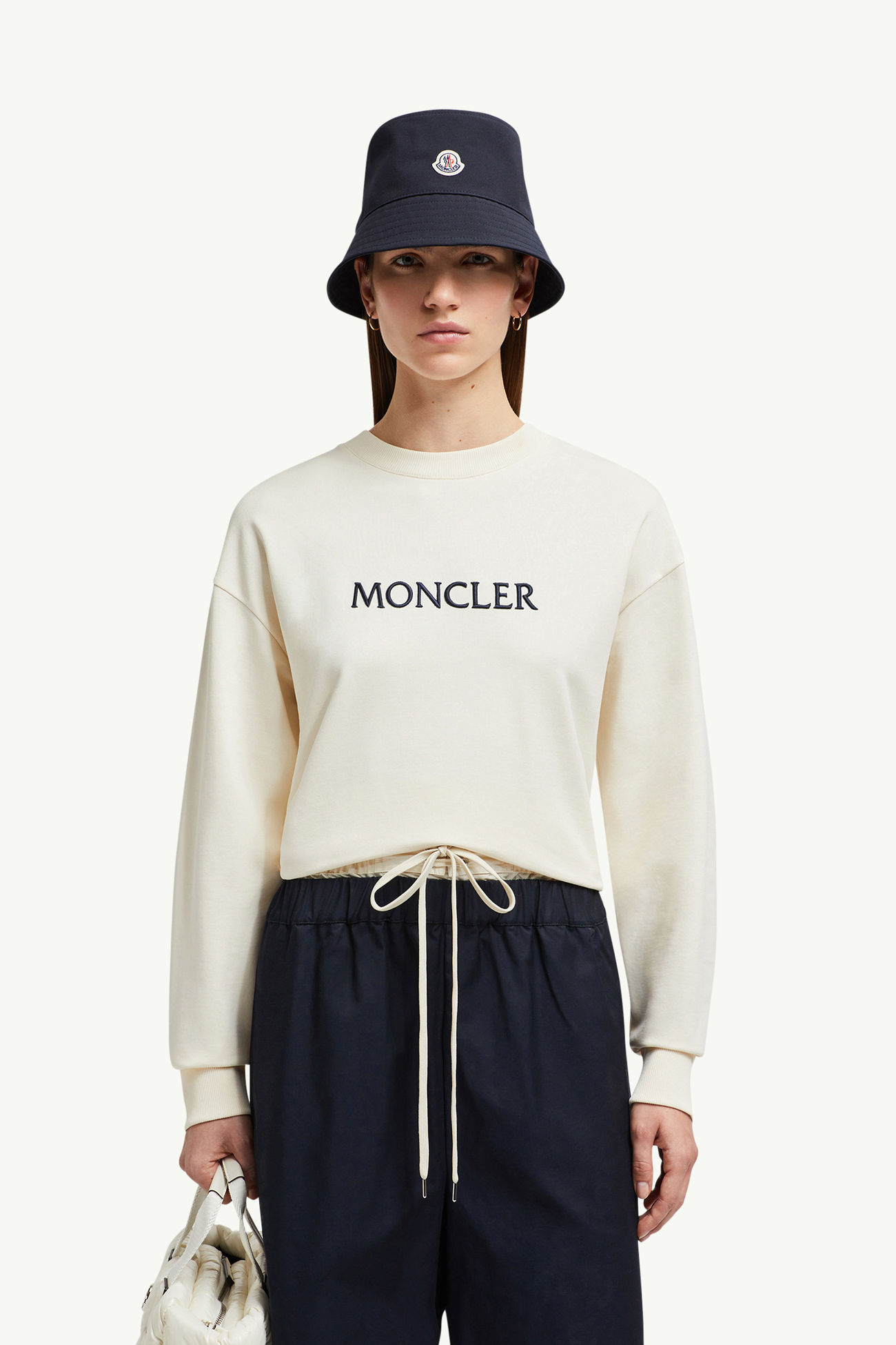 Sudadera de algodón con logotipo tonal bordado Mujer Blanco Marfil Moncler 0