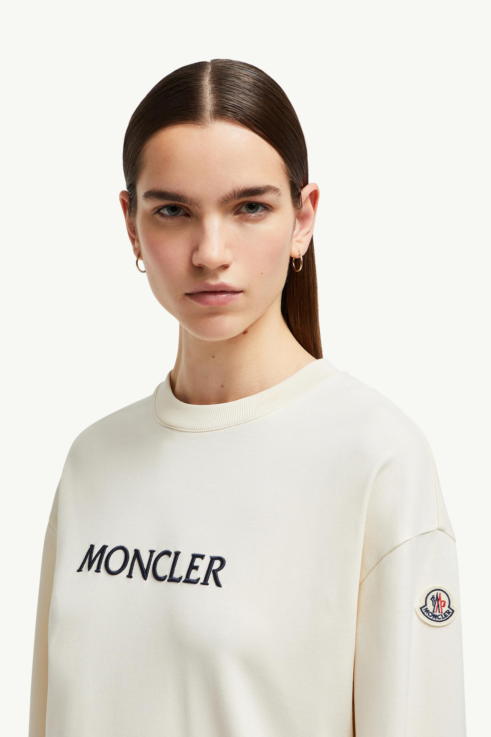 Embroidered Tonal Logo Cotton Sweatshirt Women White Ivory Moncler 1