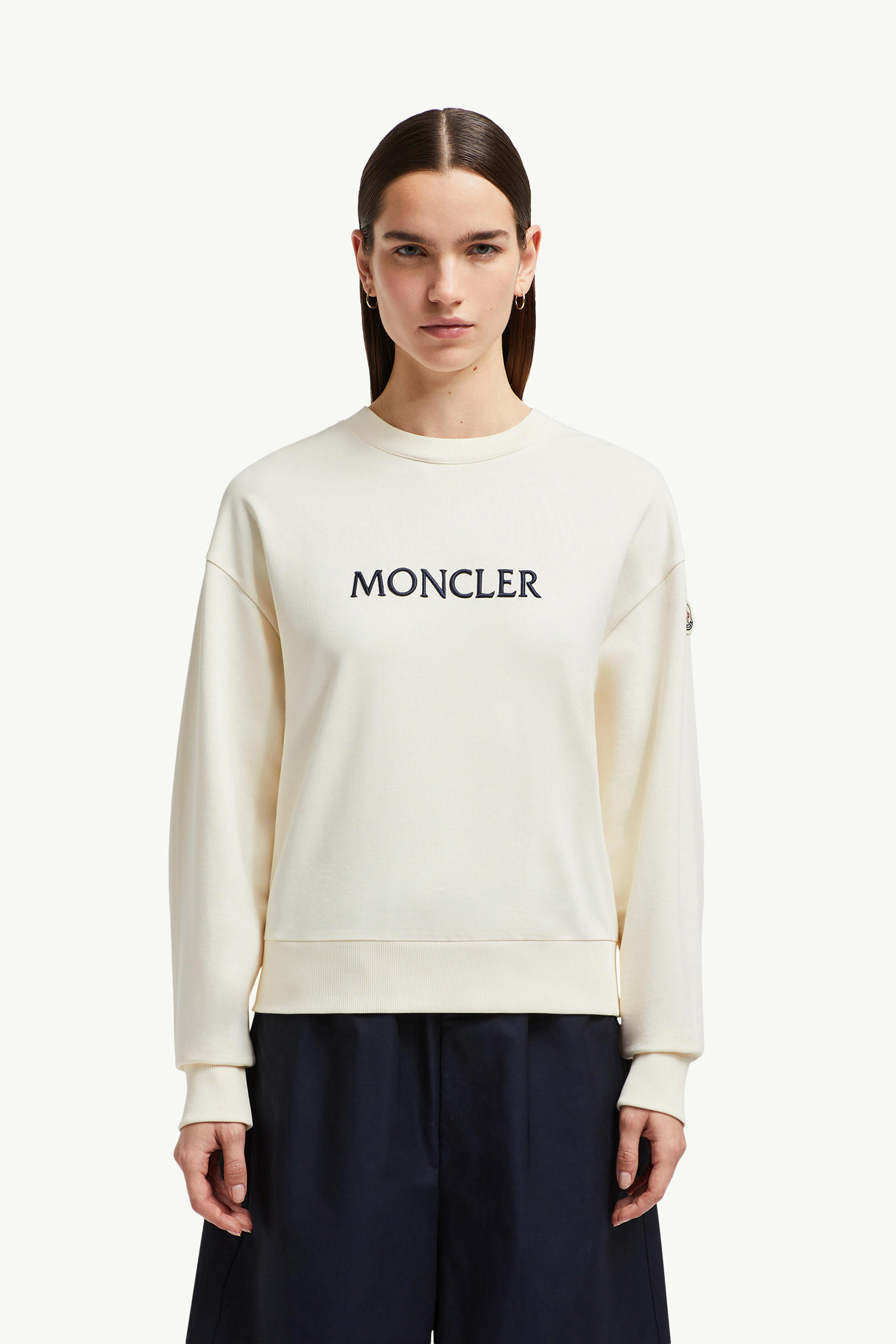 Embroidered Tonal Logo Cotton Sweatshirt Women White Ivory Moncler 3
