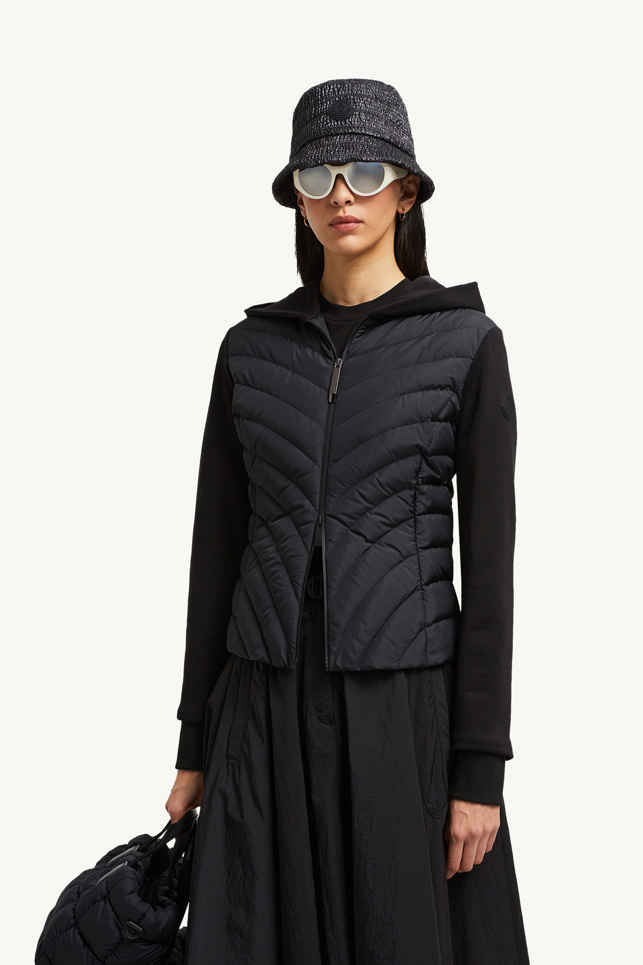 夾層斜紋絎縫棉質拉鏈連帽衫 女士 黑色 Moncler 0