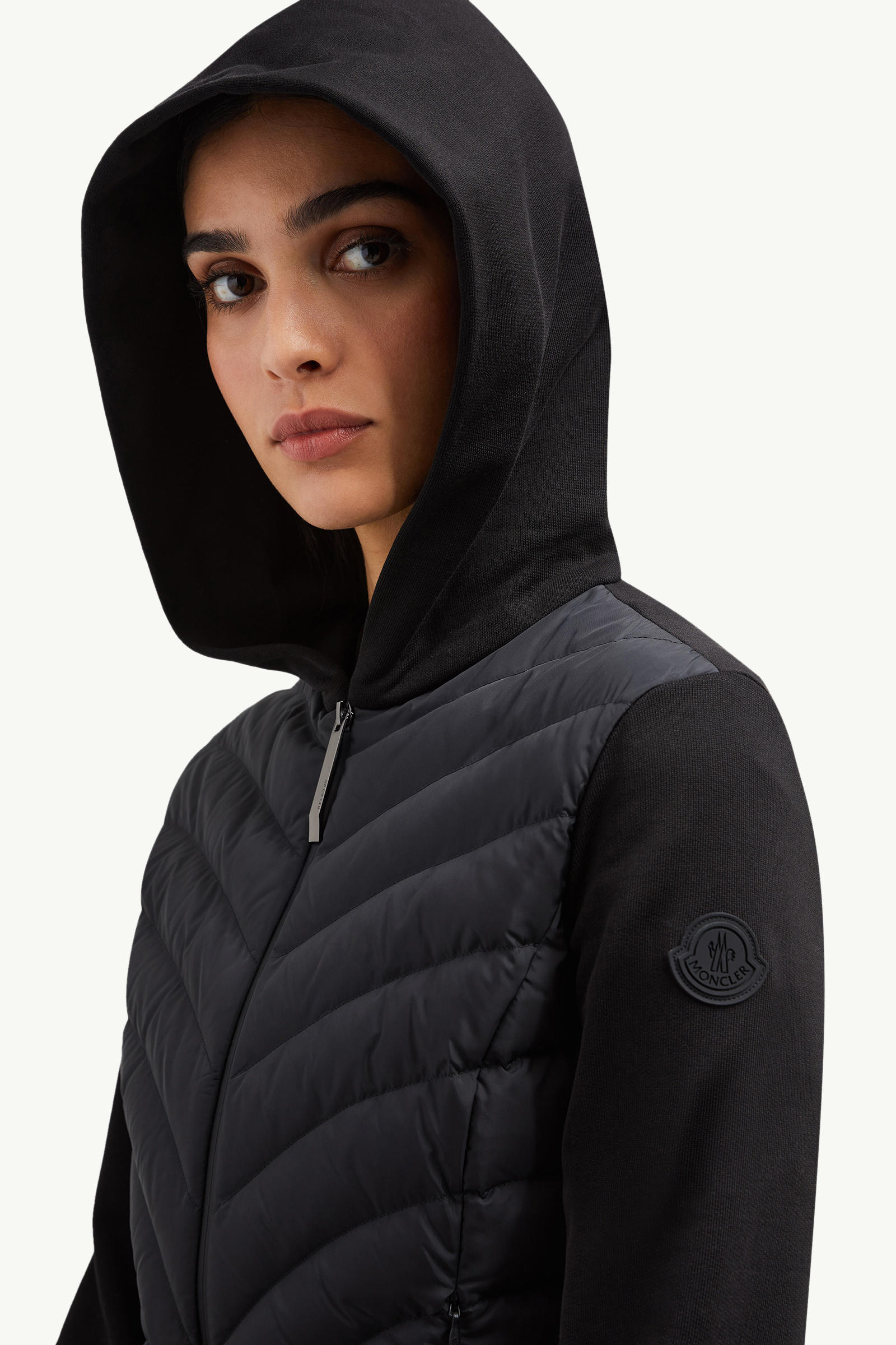 Padded Diagonal-Quilted Cotton Zip-Up Hoodie Women Black Moncler 1