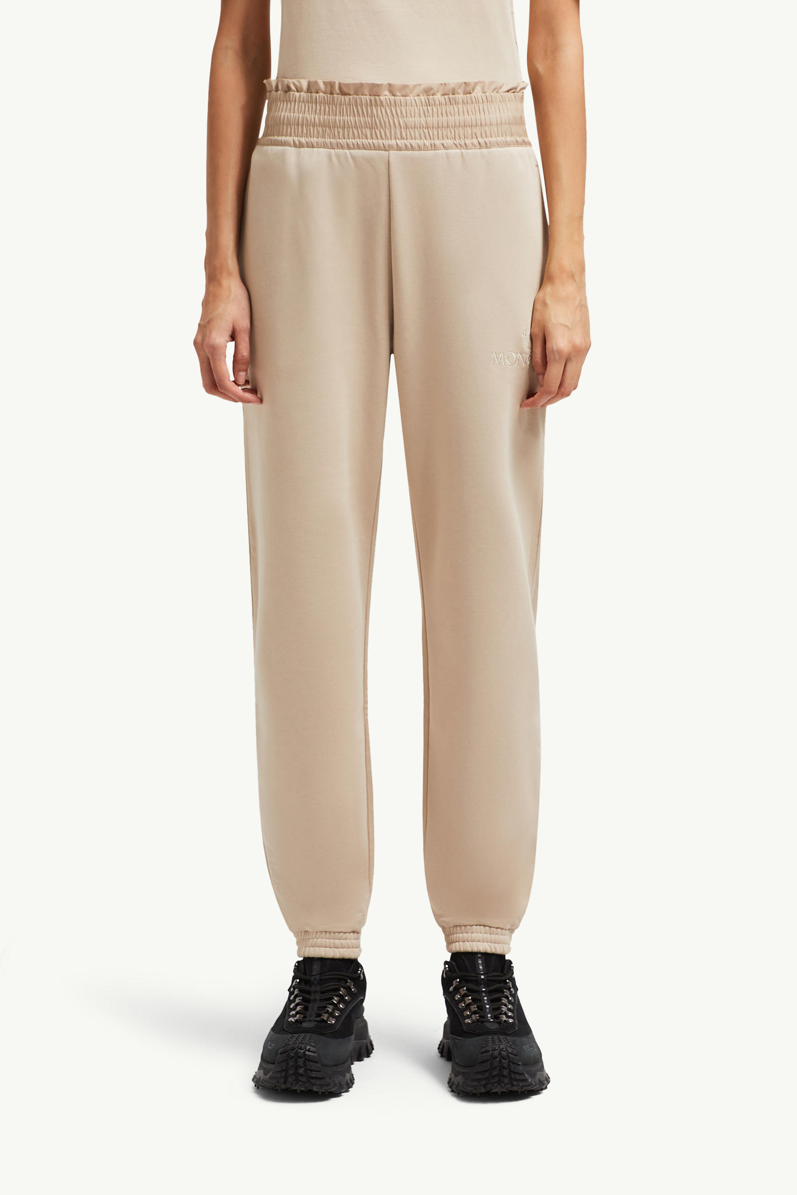 Embroidered Logo Cotton Track Pants Women Sand Beige Moncler 3