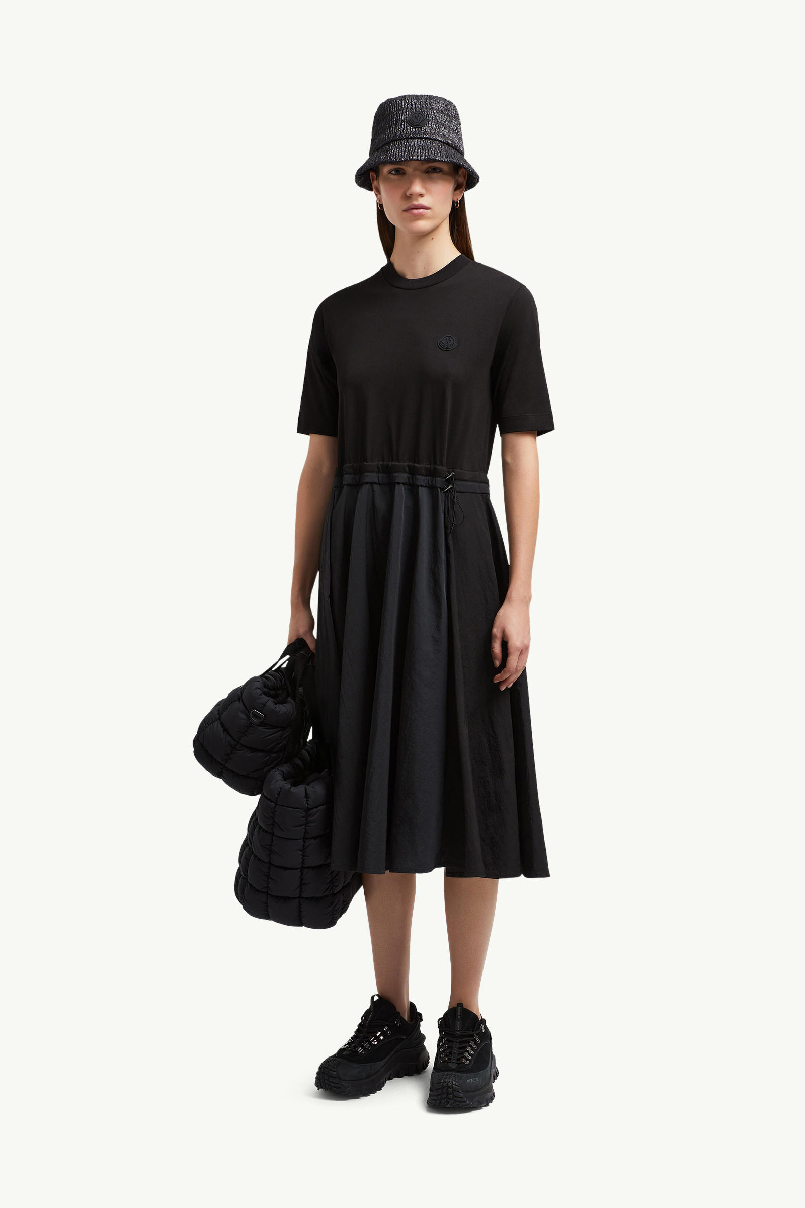 Pleated Cotton Midi Dress Women Black Moncler 0