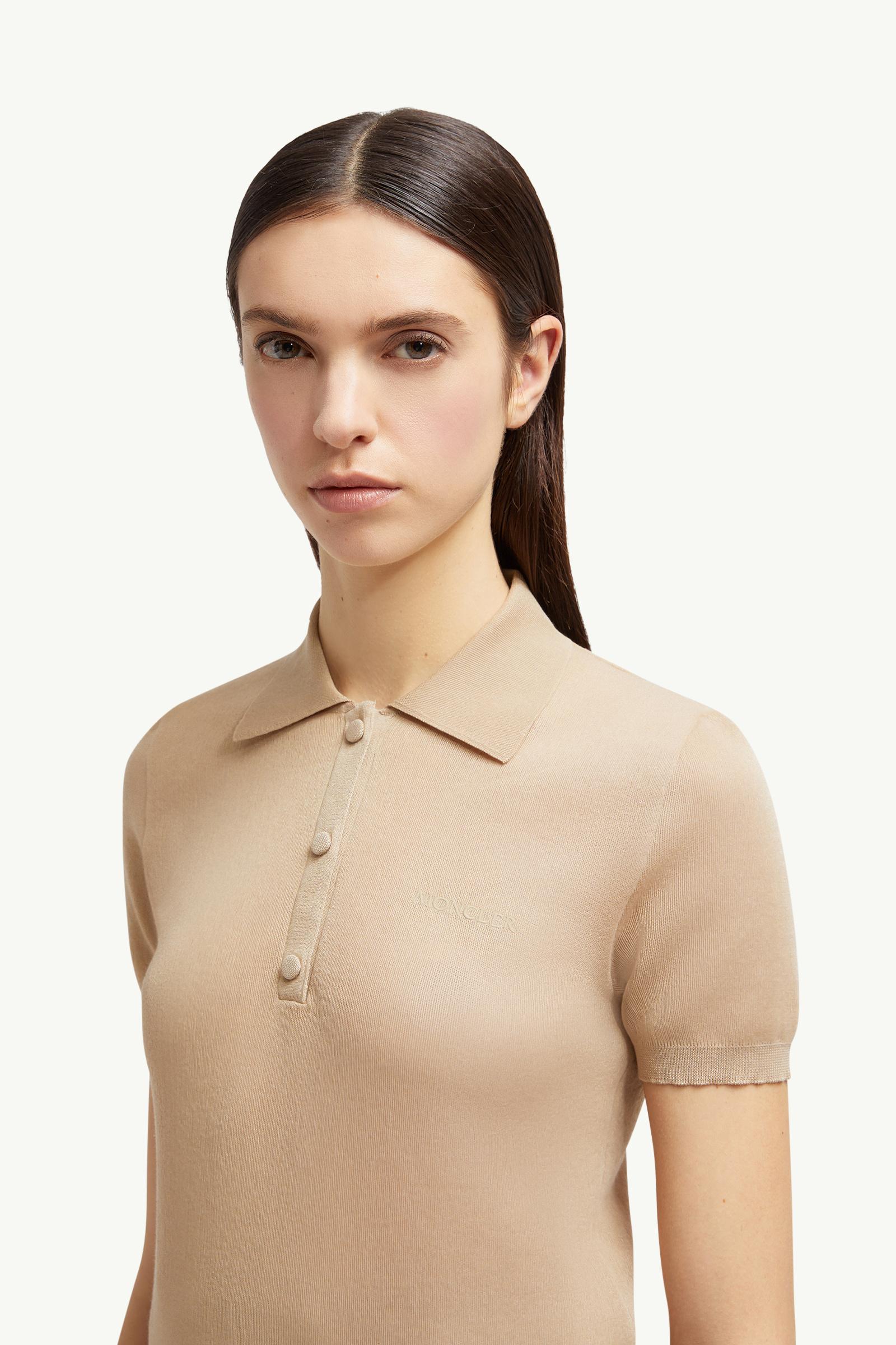Embroidered Logo Cotton Polo Shirt Women Light Beige Moncler 1