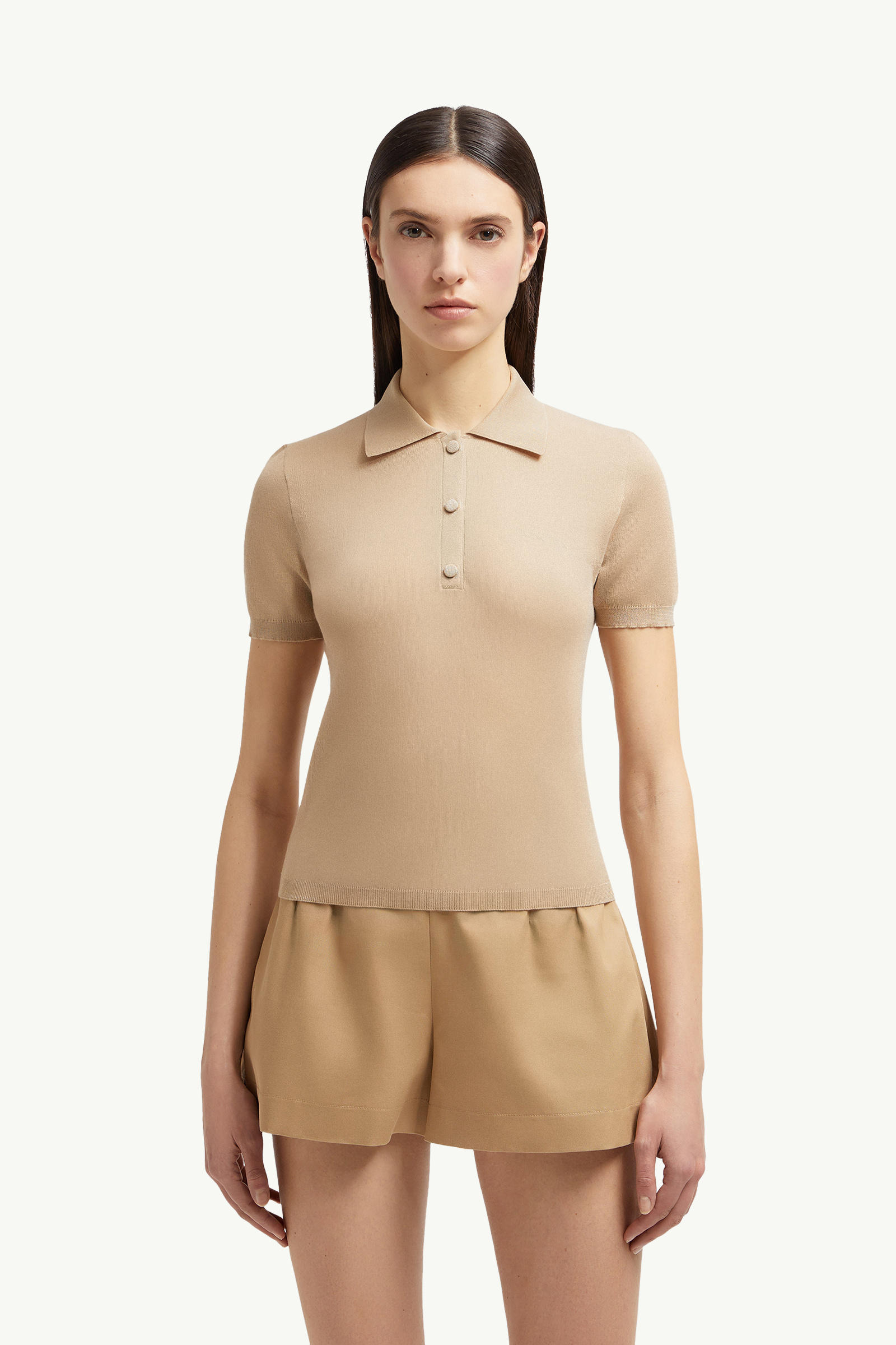 Embroidered Logo Cotton Polo Shirt Women Light Beige Moncler 3