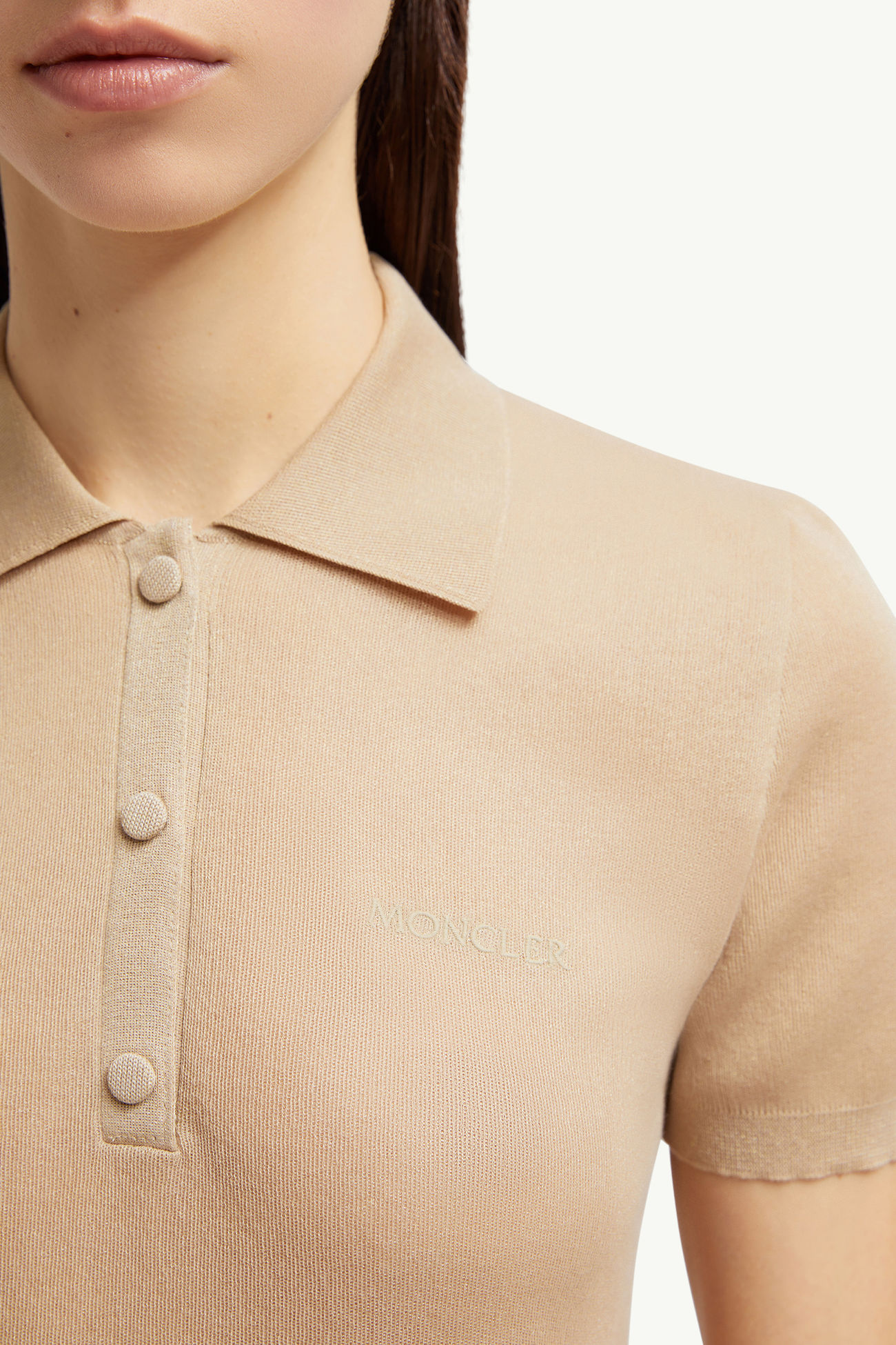 Embroidered Logo Cotton Polo Shirt Women Light Beige Moncler 5