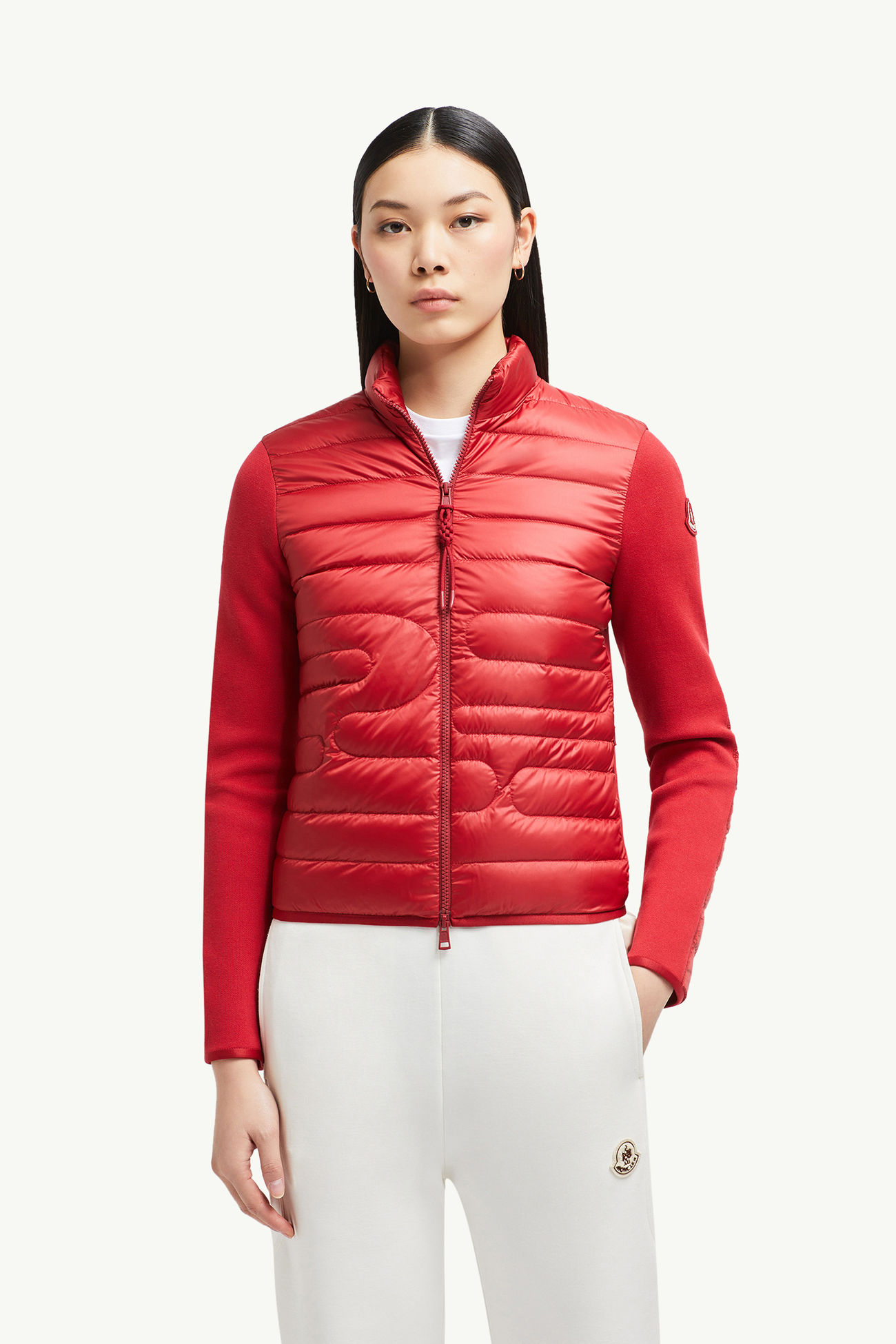 夾層蛇紋絎縫棉質開襟毛衣 女士 紅色 Moncler 0