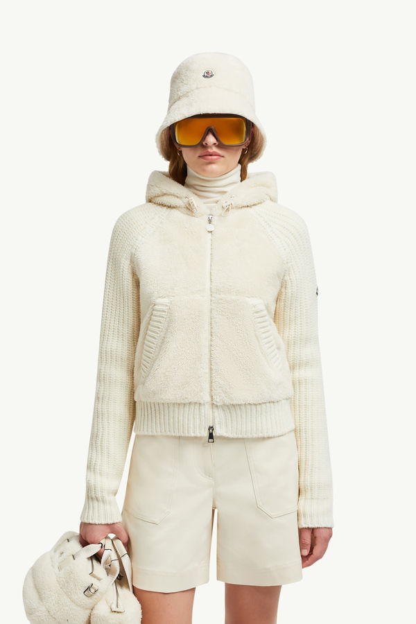 Cardigan zippé et matelassé en laine et teddy Femmes Blanc Moncler 0