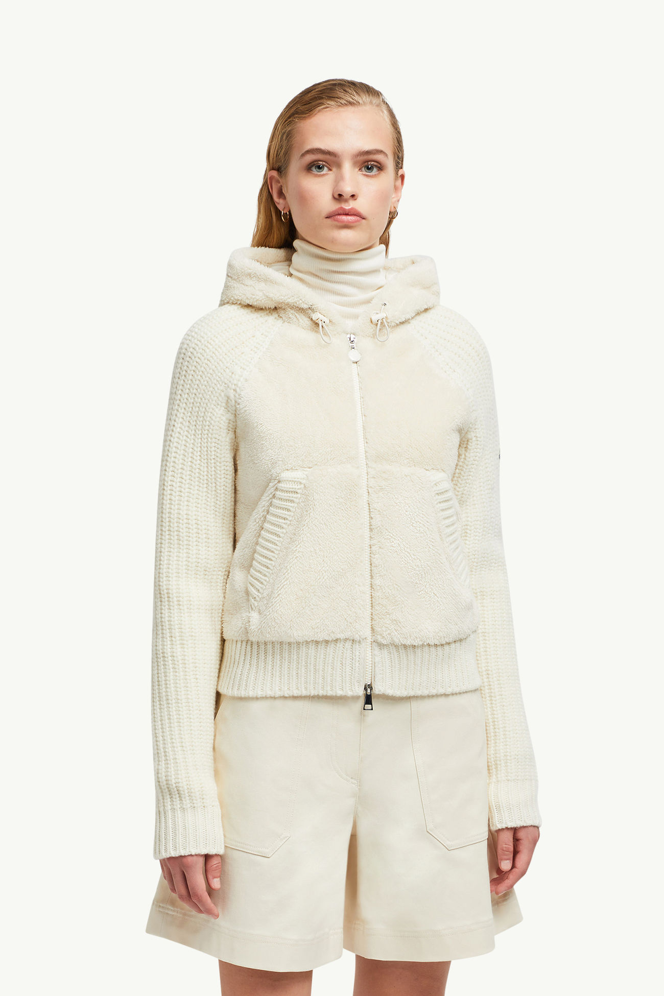 Cardigan zippé et matelassé en laine et teddy Femmes Blanc Moncler 3