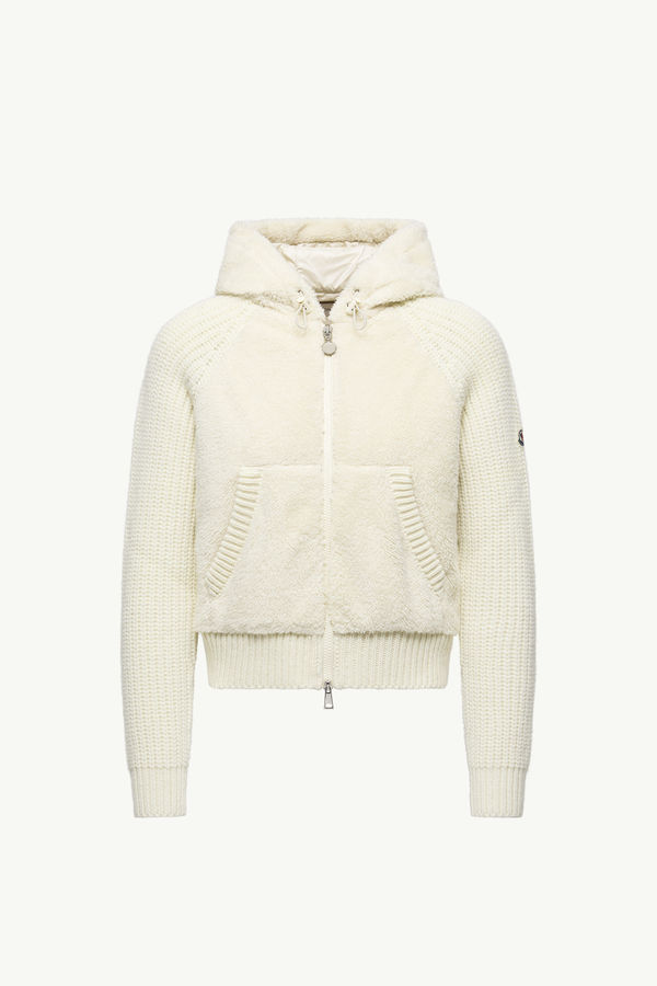 Cardigan zippé et matelassé en laine et teddy Femmes Blanc Moncler 2