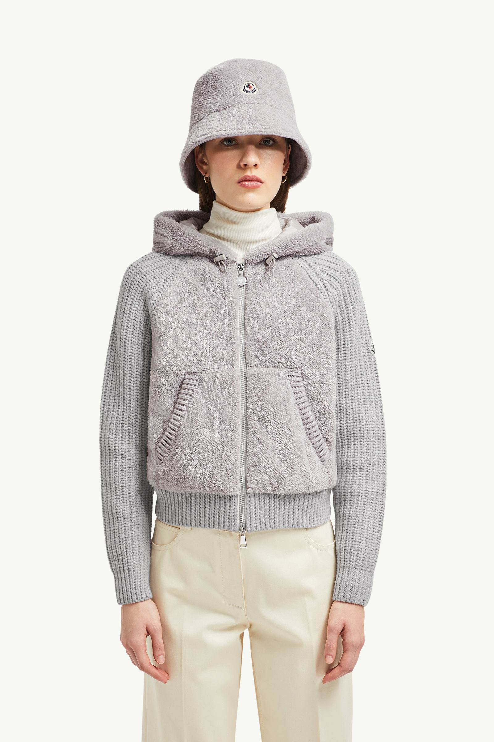 Gefütterter Kapuzenpullover aus Wolle und Teddy Damen Grau Moncler 0