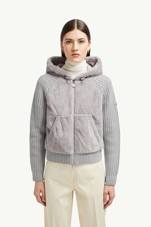 Cardigan zippé et matelassé en laine et teddy Femmes Gris Moncler 3