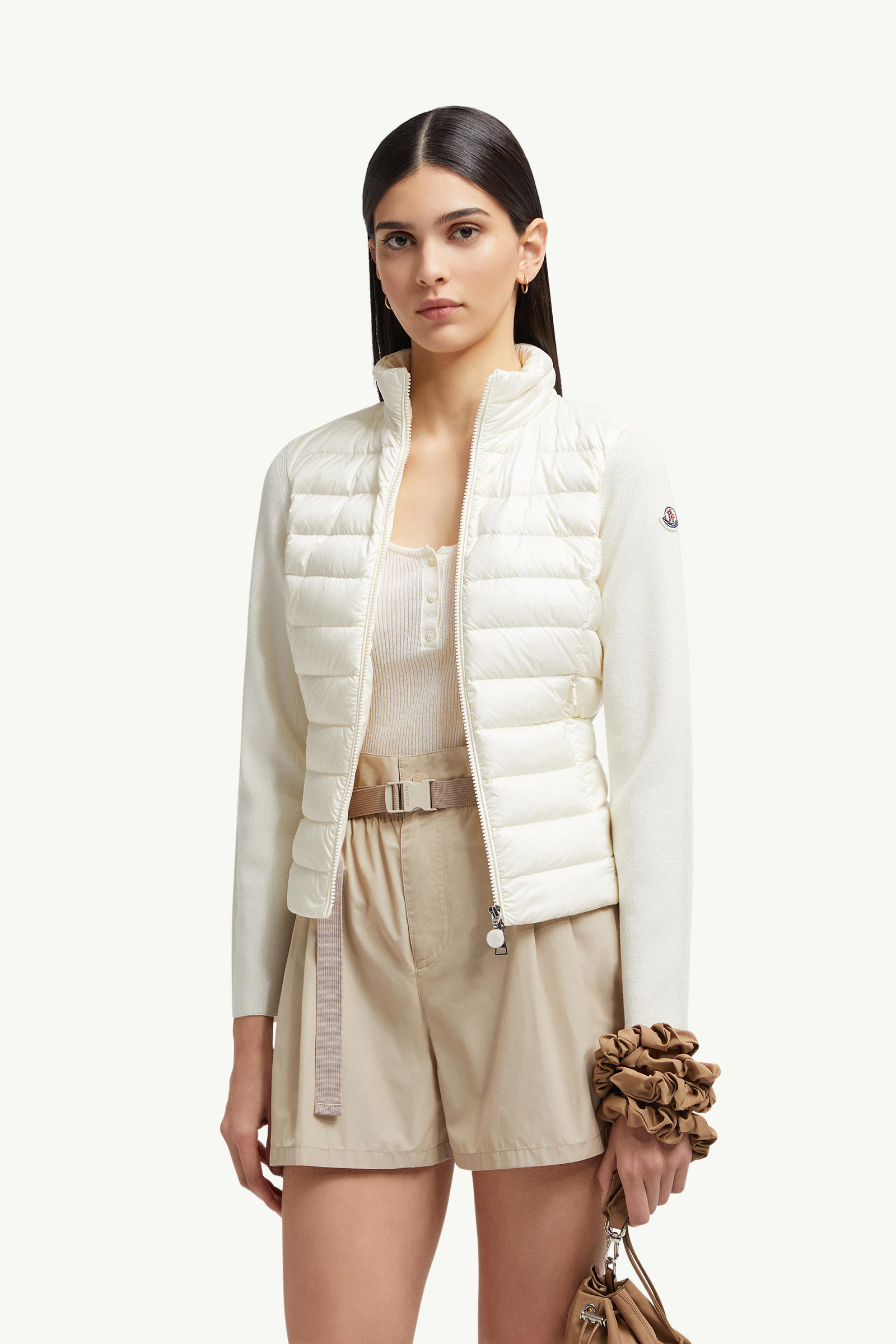 Wattierte Strickjacke aus Wolle mit Reißverschluss Damen Weiß Moncler 0