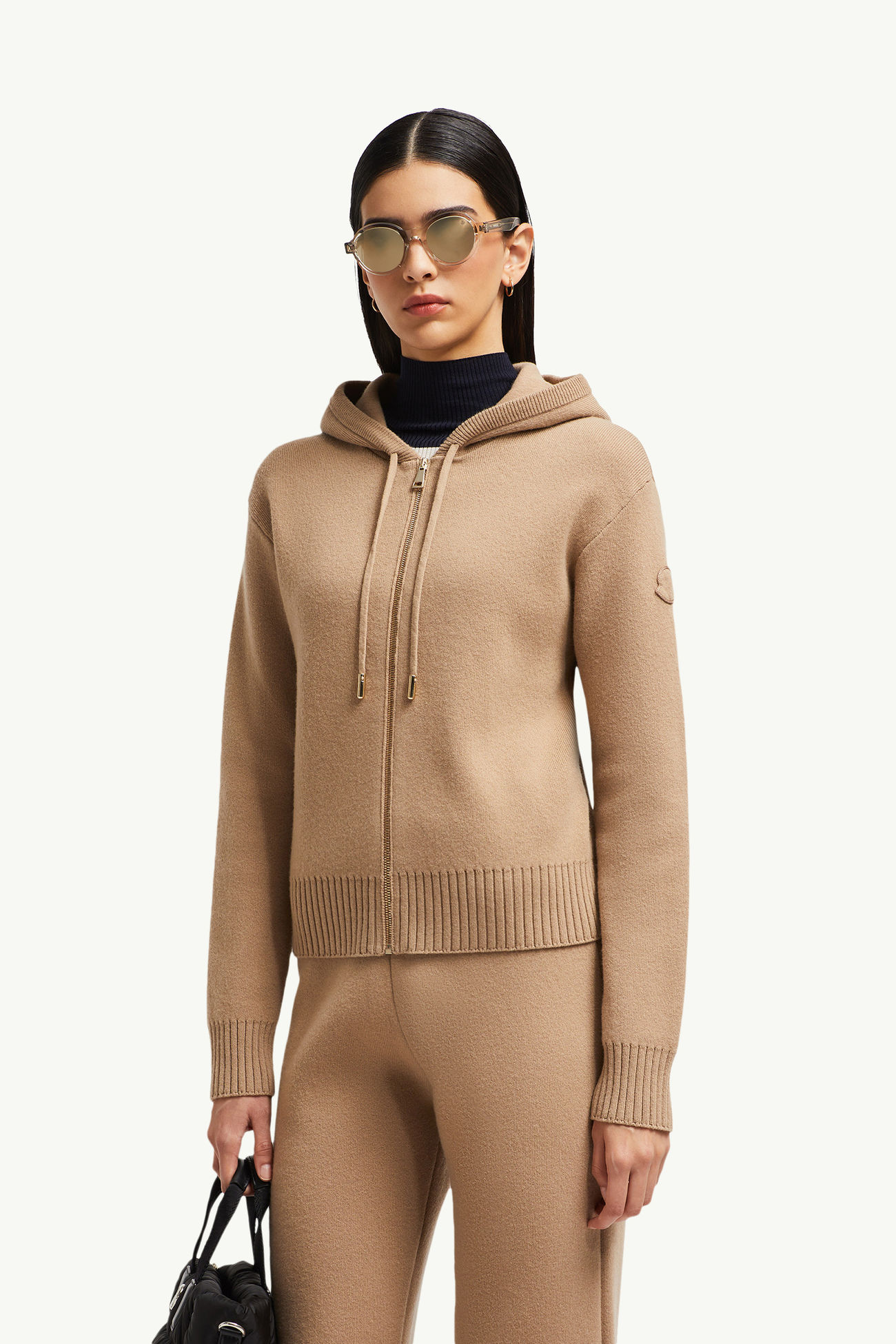 Wool & Cashmere Zip-Up Hoodie Women Camel Beige Moncler 0