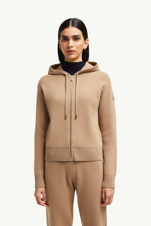 Felpa con cappuccio e zip in lana e cashmere Donna Beige Cammello Moncler 3