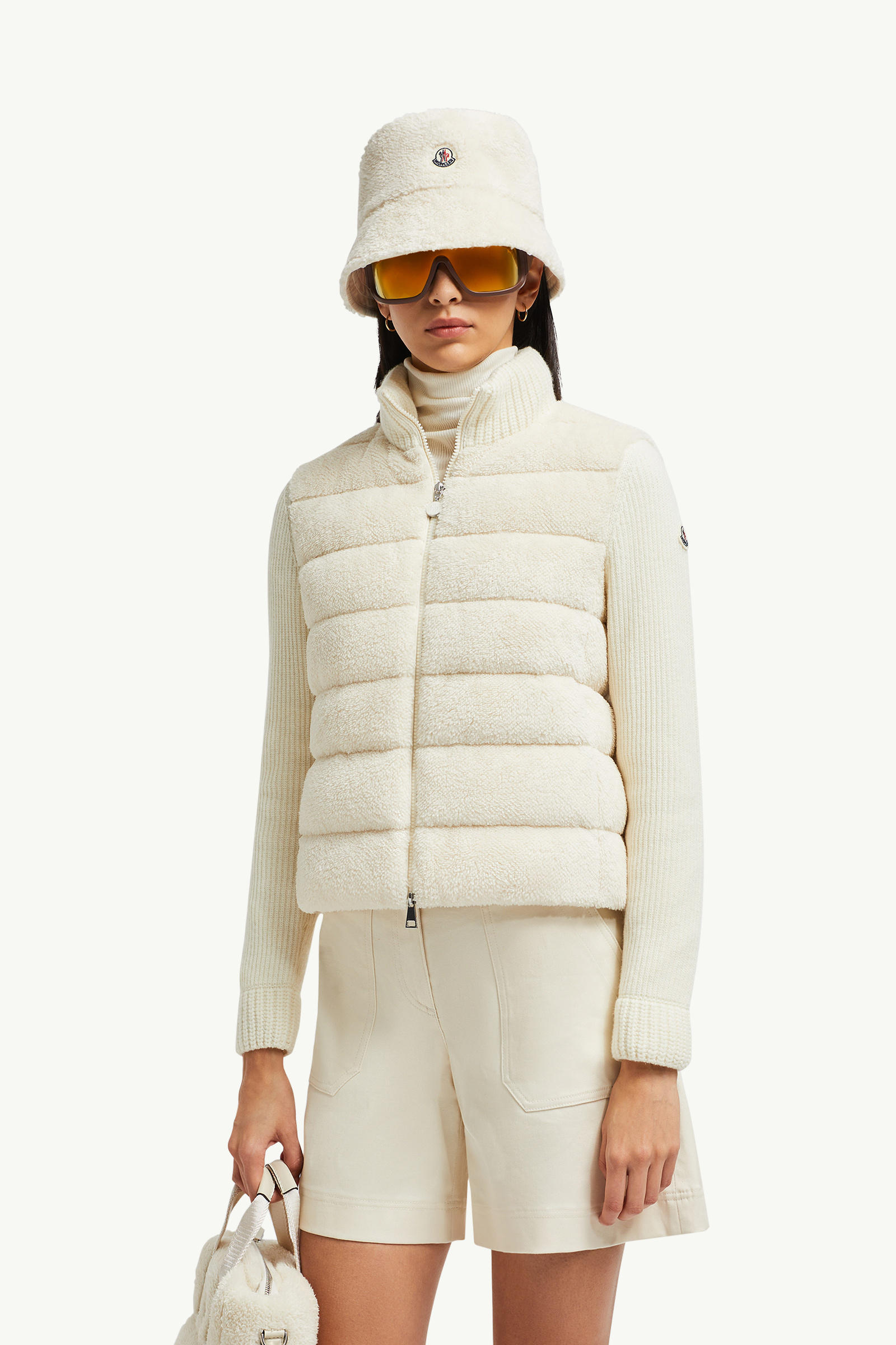 Padded Wool & Teddy Zip-Up Cardigan Women White Moncler 0