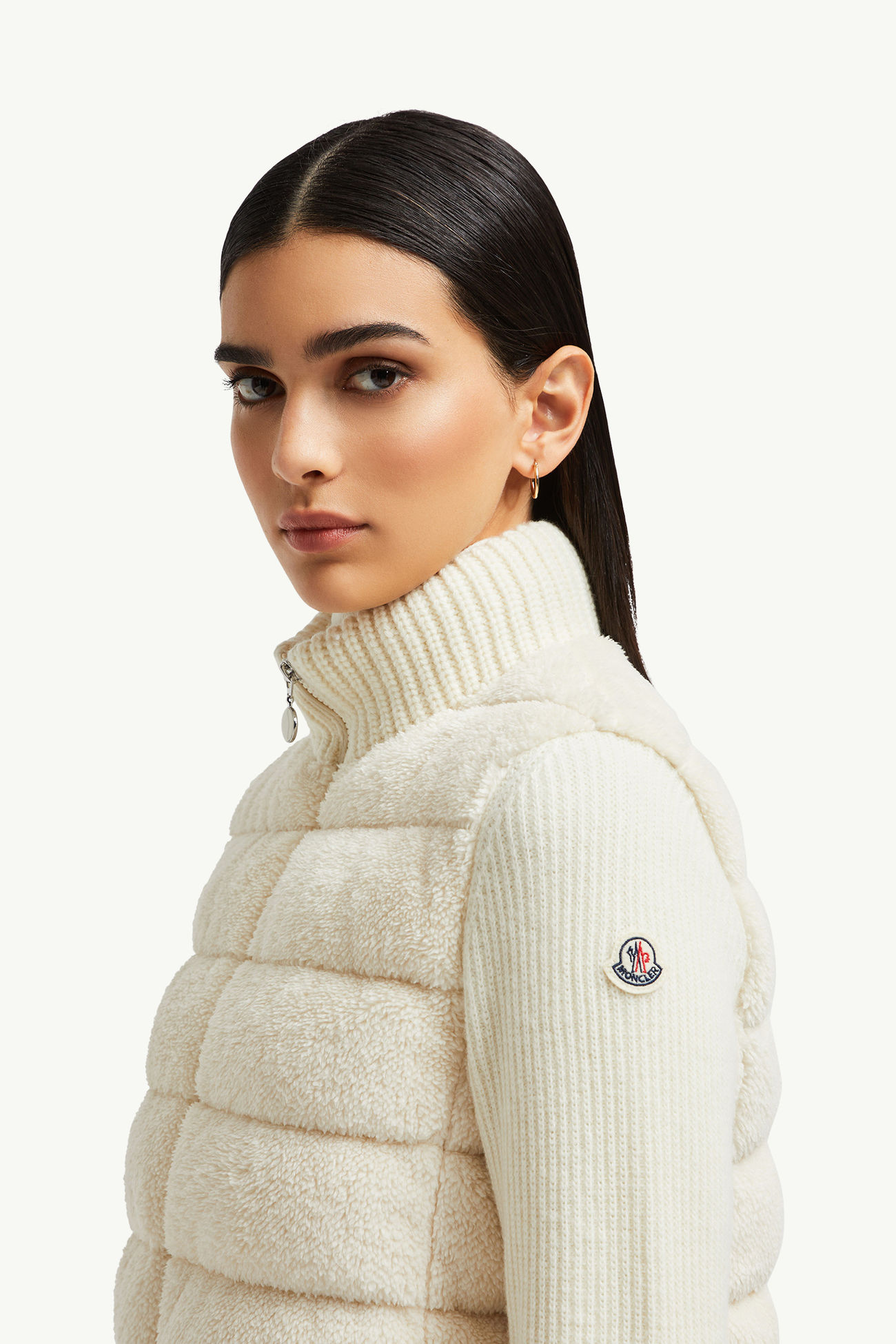 Cárdigan con cremallera acolchado de lana y tejido efecto peluche Mujer Blanco Moncler 1