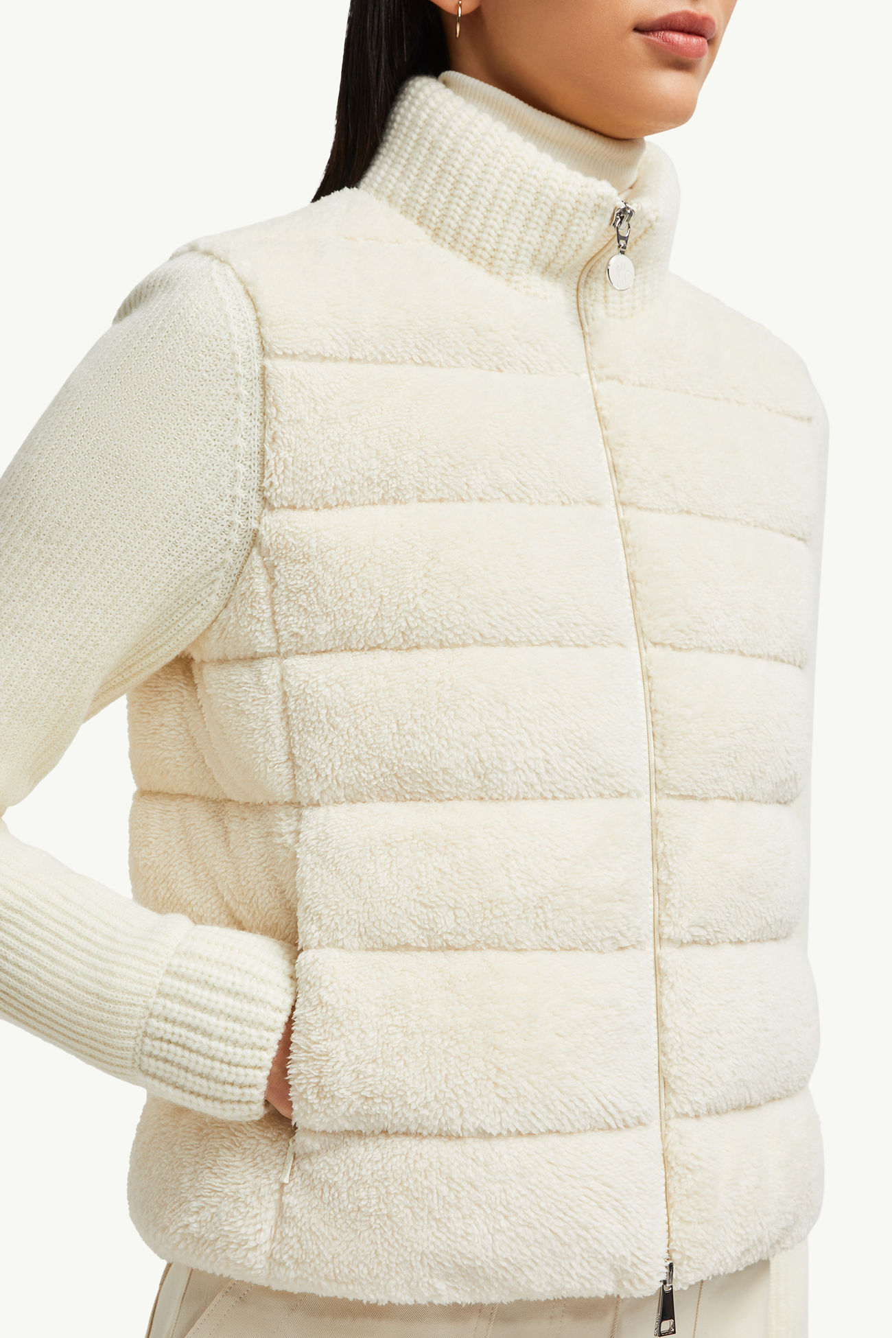 Cardigan imbottito in lana e pile effetto teddy con zip Donna Bianco Moncler 5