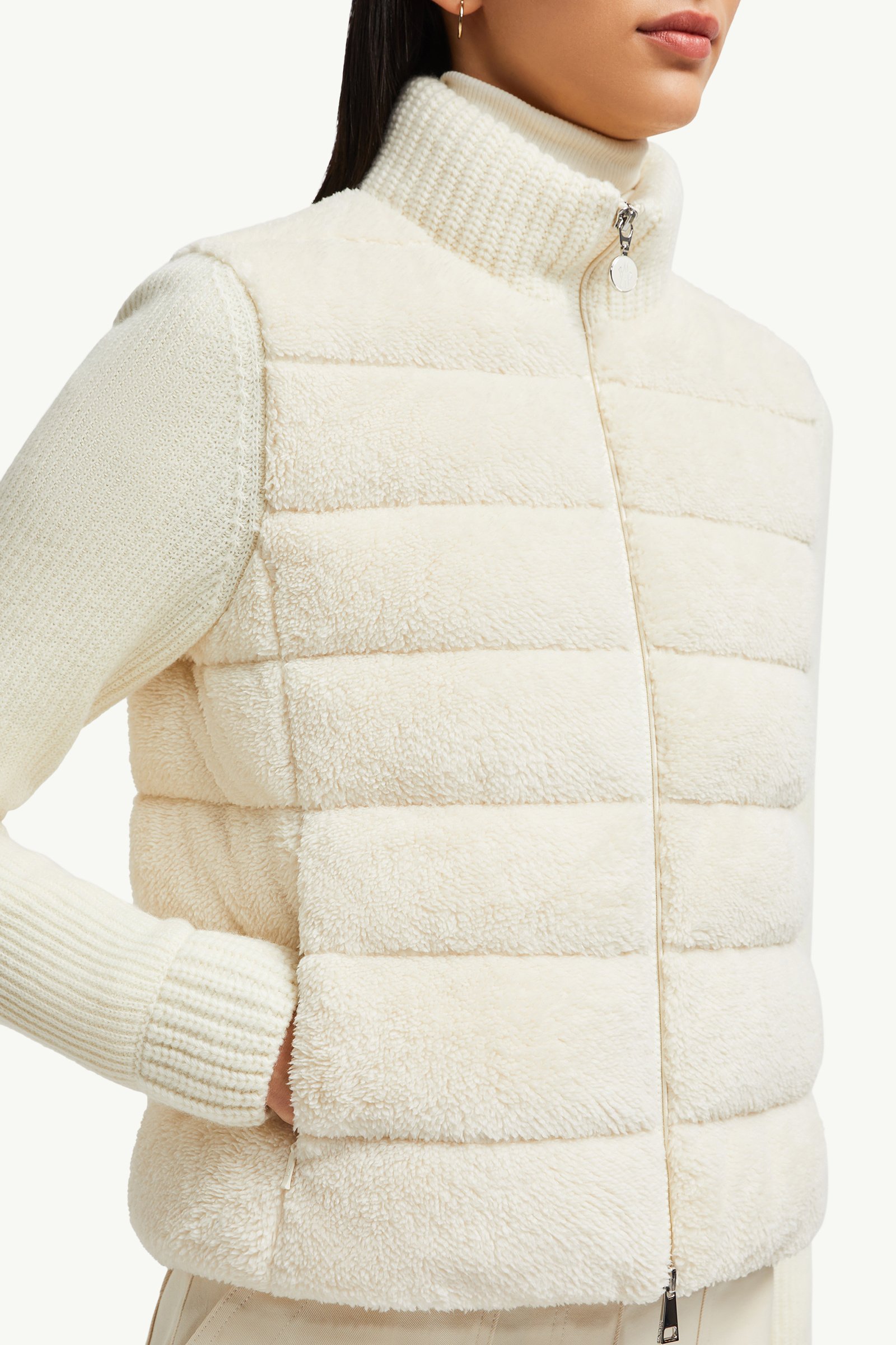 White Padded Wool & Teddy Zip-Up Cardigan - Sweaters