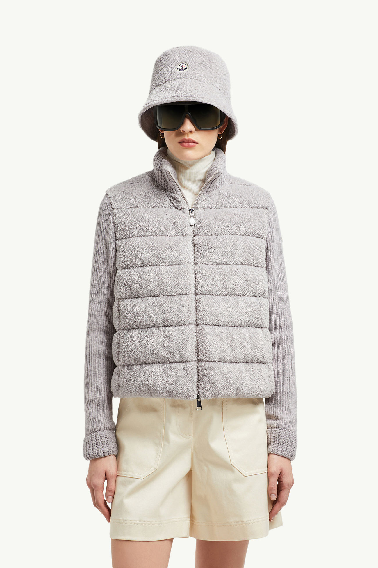 Cardigan zippé matelassé en laine et teddy Femmes Gris Moncler 0