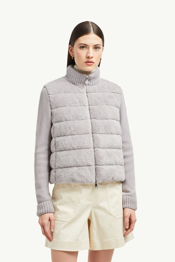 Cardigan zippé matelassé en laine et teddy Femmes Gris Moncler 3