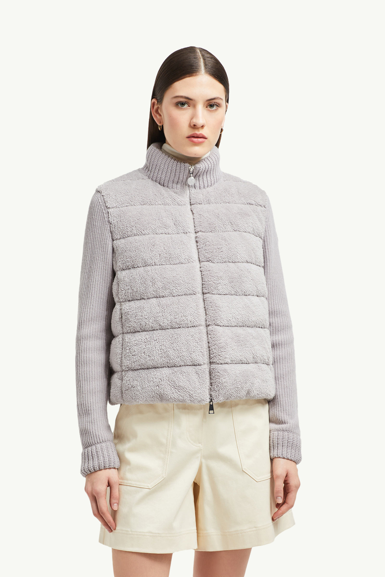 Padded Wool & Teddy Zip-Up Cardigan Women Gray Moncler 3