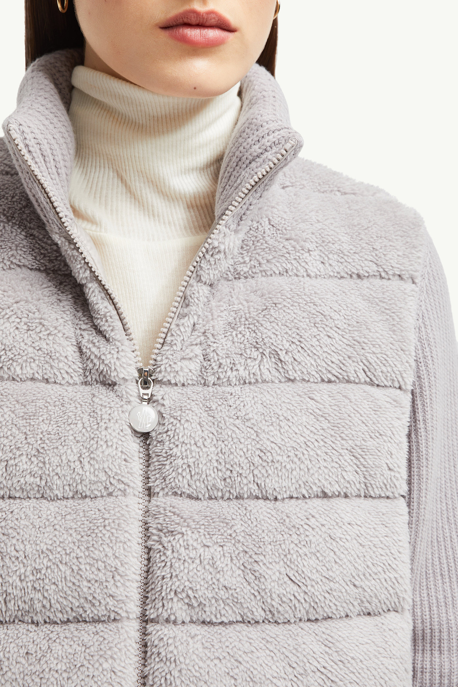 Padded Wool & Teddy Zip-Up Cardigan Women Gray Moncler 5
