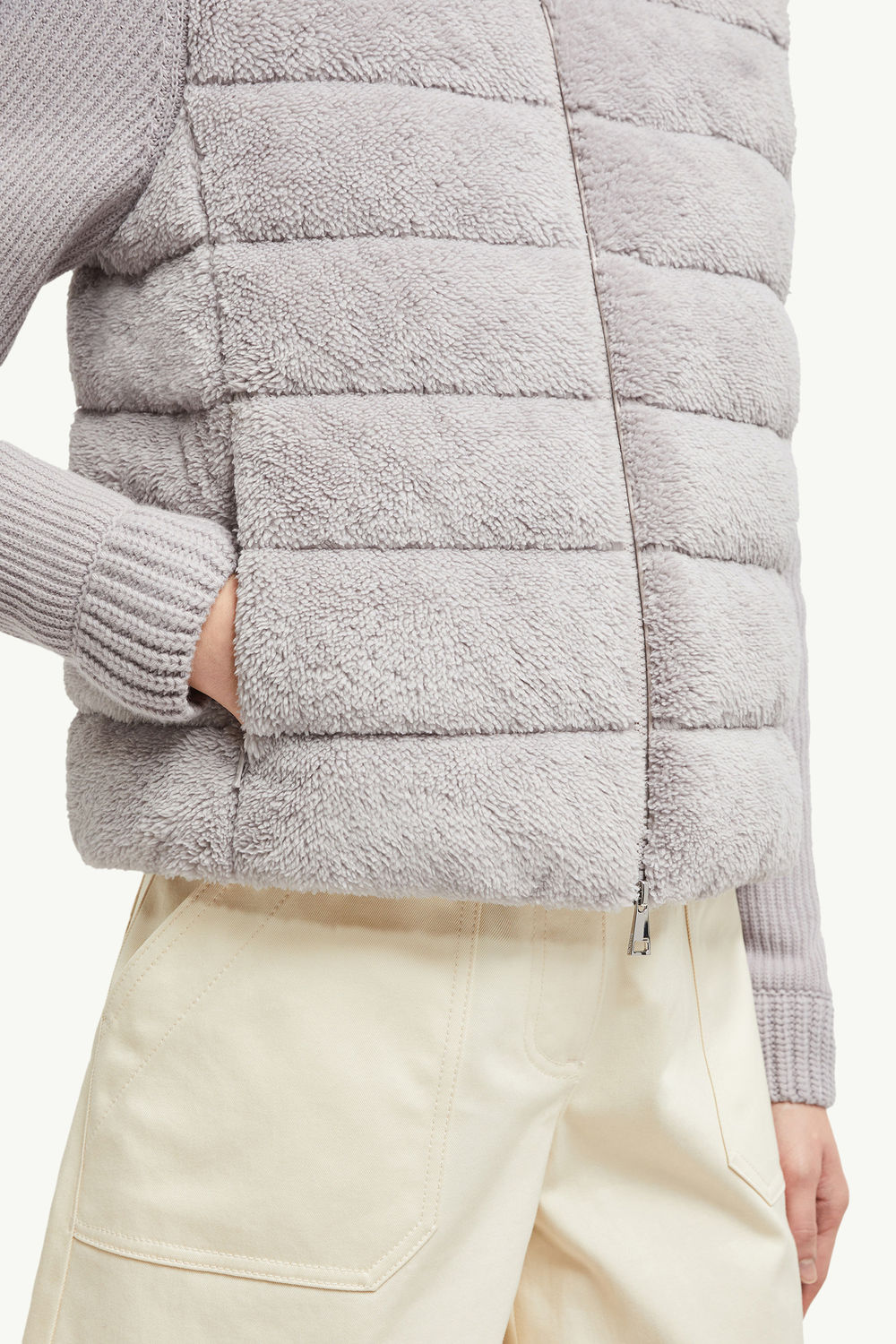 Padded Wool & Teddy Zip-Up Cardigan Women Gray Moncler 6