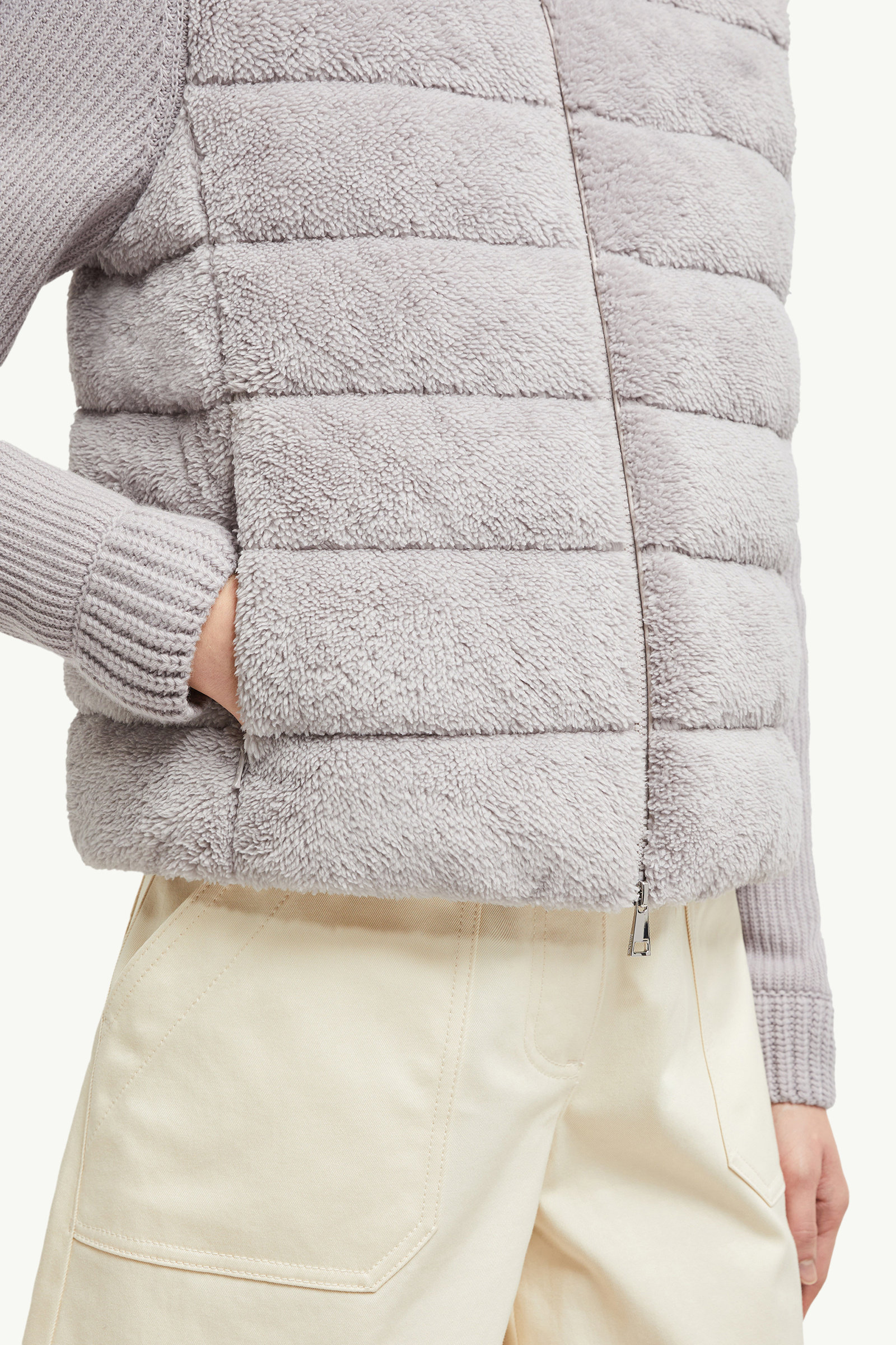 Padded Wool & Teddy Zip-Up Cardigan Women Gray Moncler 6