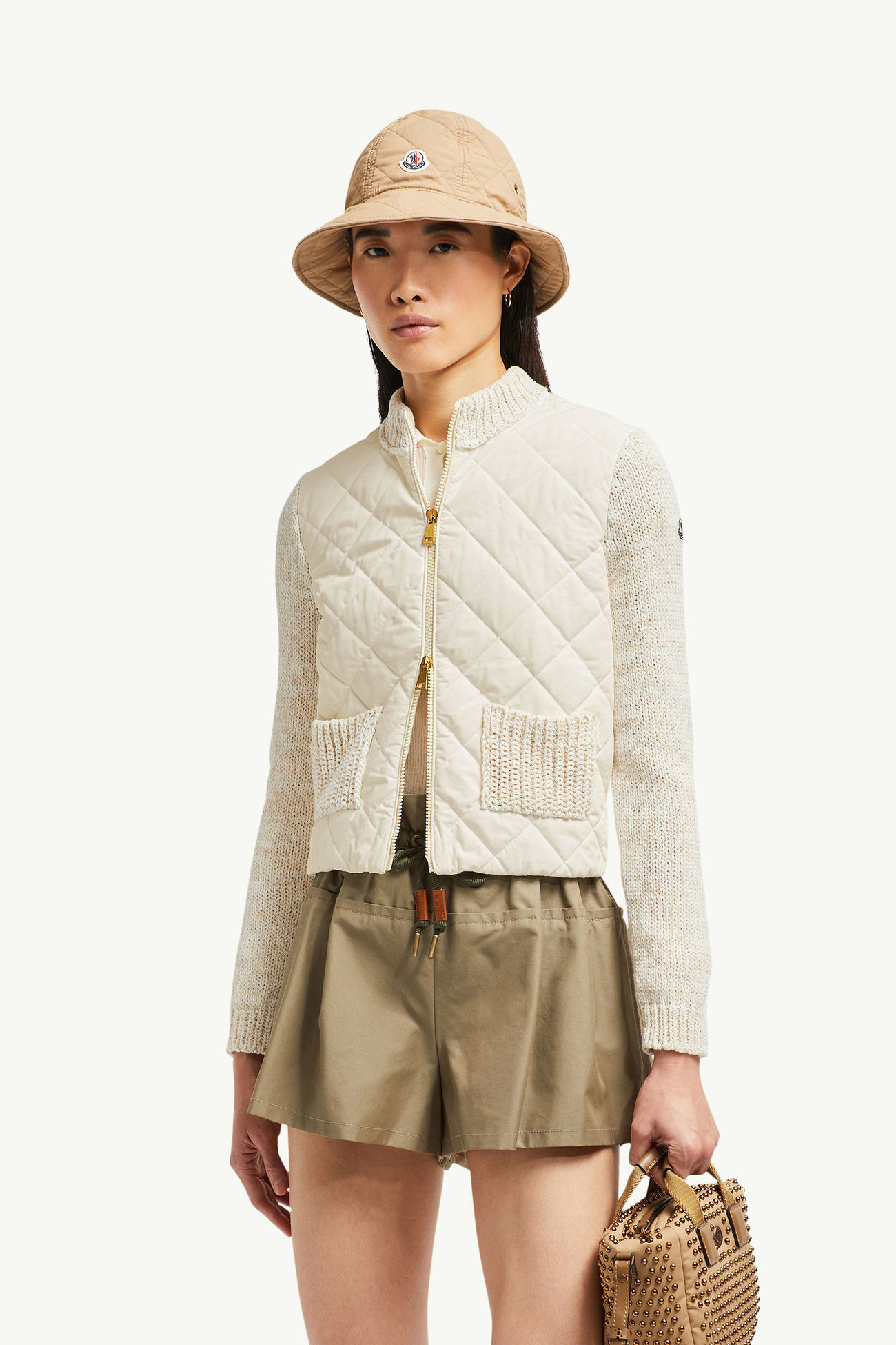 Cardigan imbottito in cotone con zip Donna Bianco Moncler 0