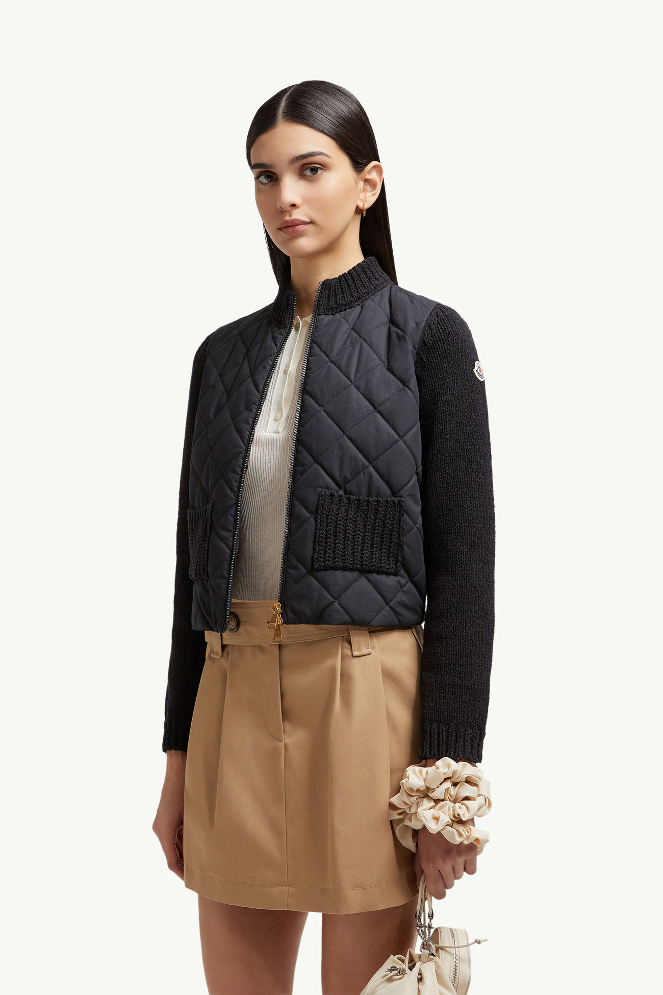 Cardigan zippé matelassé en coton Femmes Noir Moncler 0