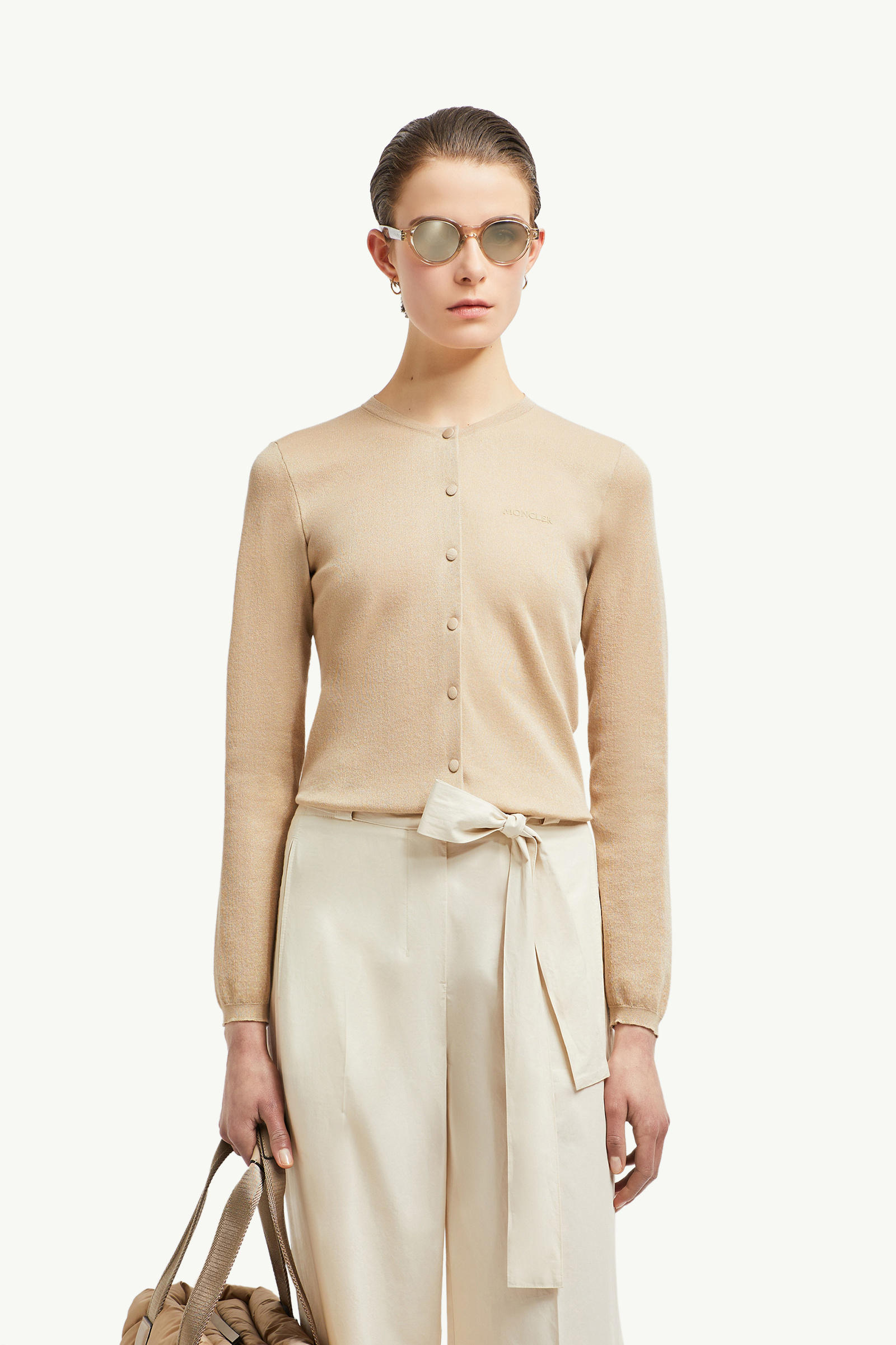 Embroidered Logo Cotton Cardigan Women Light Beige Moncler 0