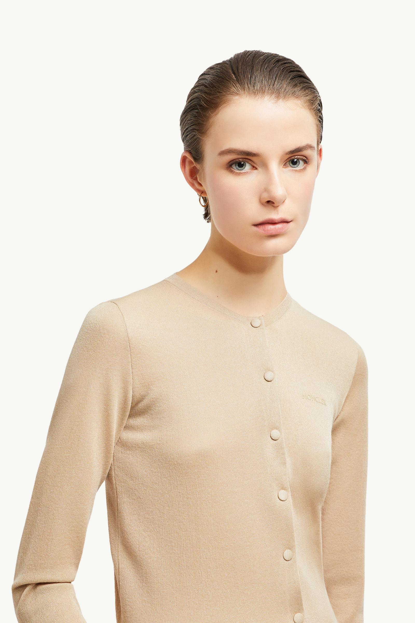 Embroidered Logo Cotton Cardigan Women Light Beige Moncler 1