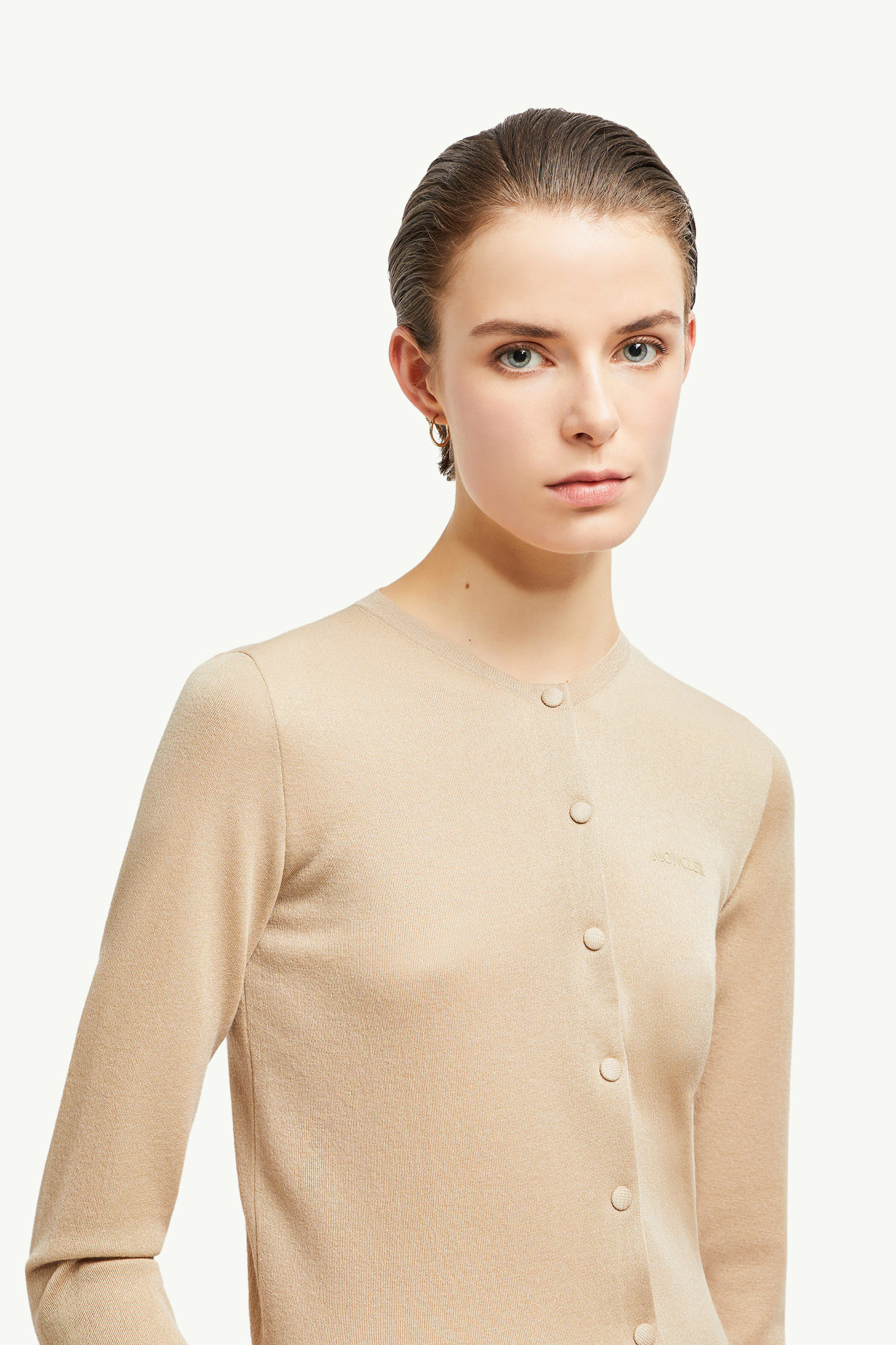 Embroidered Logo Cotton Cardigan Women Light Beige Moncler 1