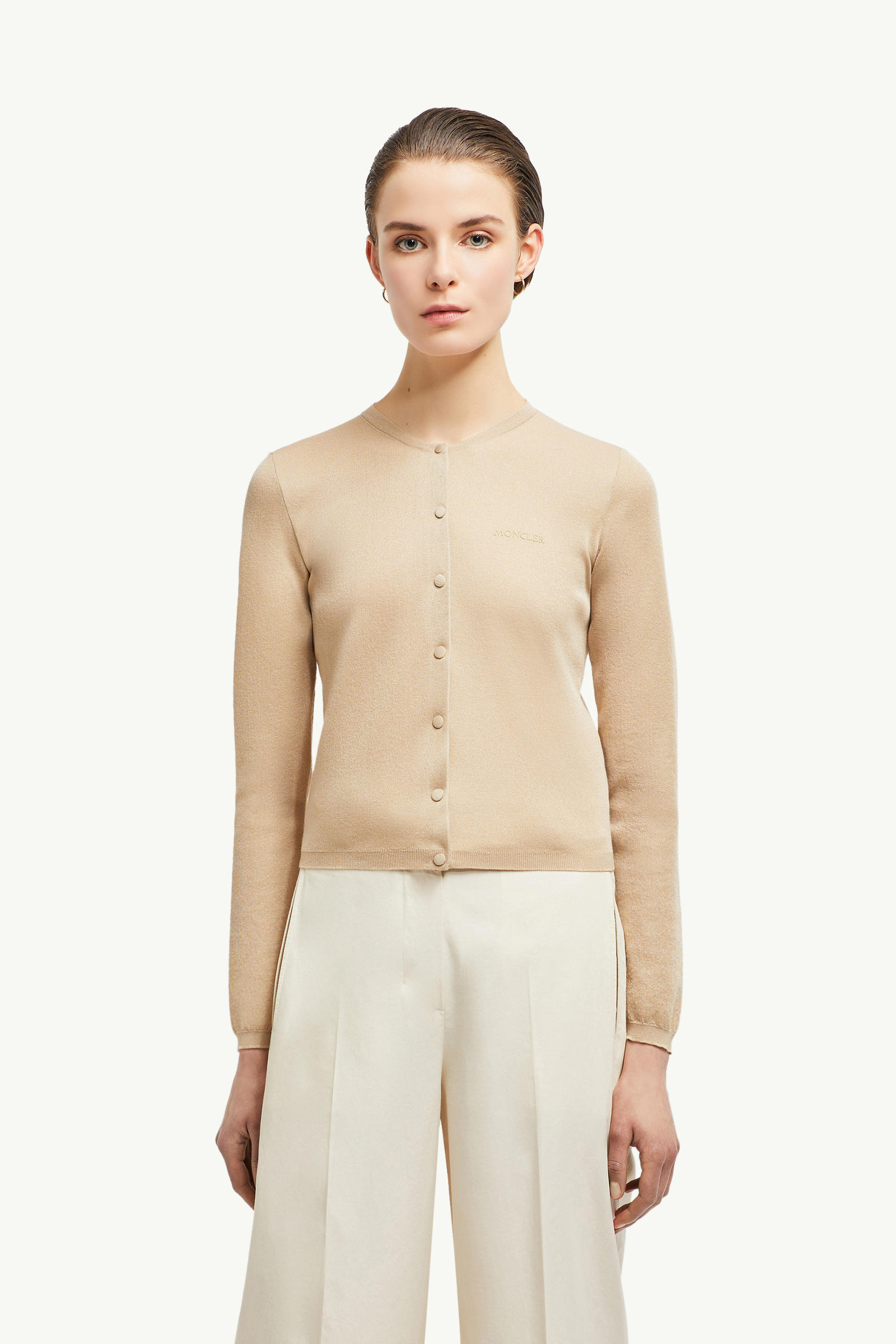 Embroidered Logo Cotton Cardigan Women Light Beige Moncler 3