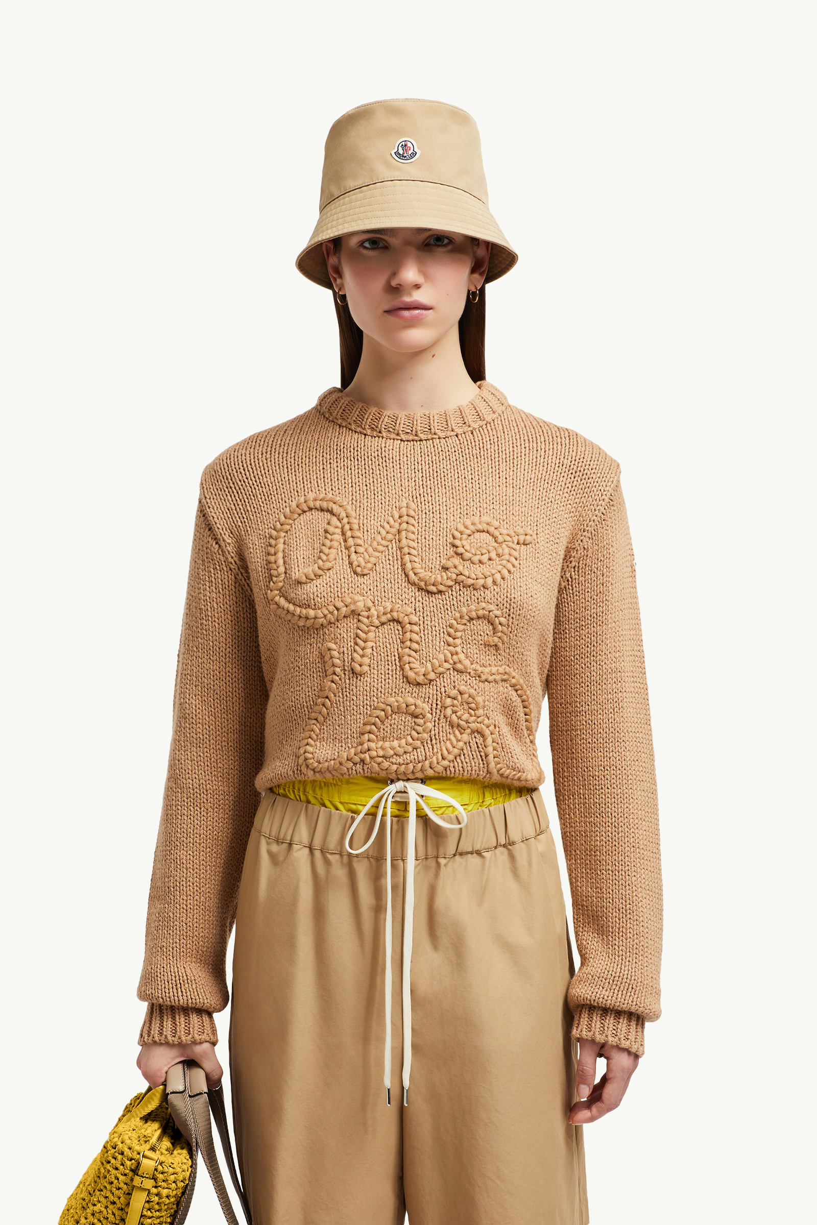 Embroidered Logo Cotton Sweater Women Camel Beige Moncler 0