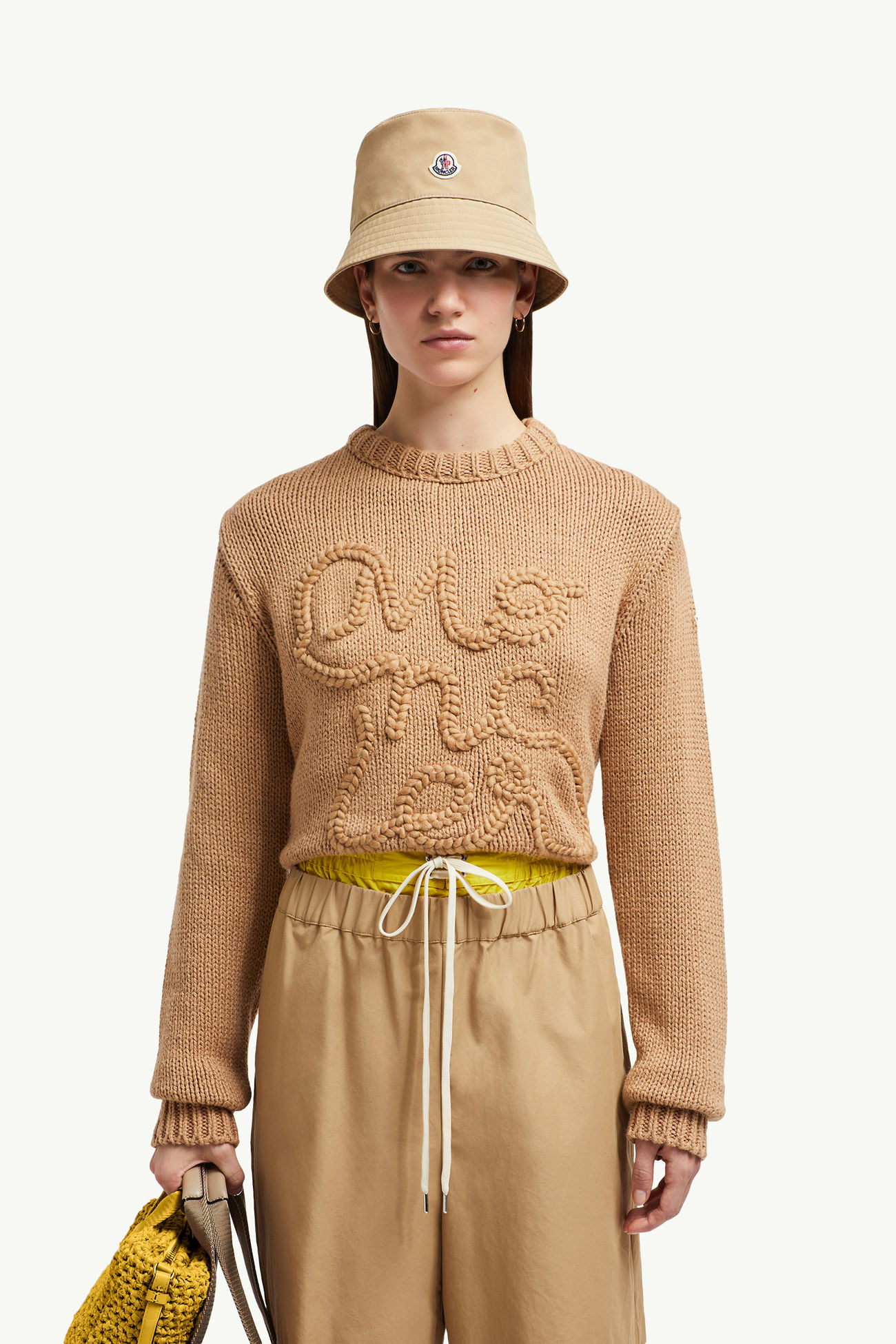 Maglione con logo ricamato in cotone Donna Beige Cammello Moncler 0