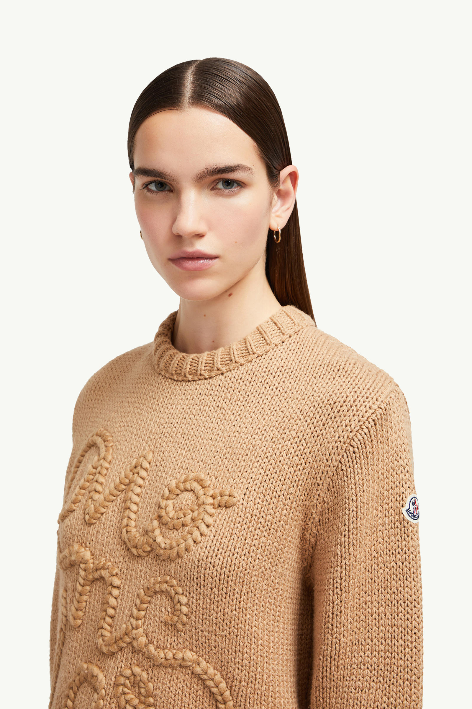 Embroidered Logo Cotton Sweater Women Camel Beige Moncler 1