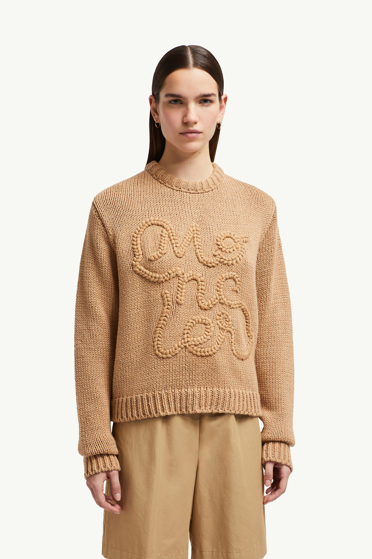 Embroidered Logo Cotton Sweater Women Camel Beige Moncler 3