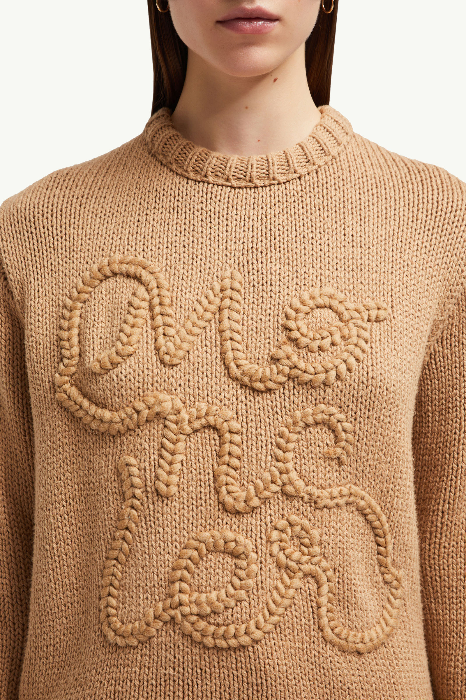 Embroidered Logo Cotton Sweater Women Camel Beige Moncler 5