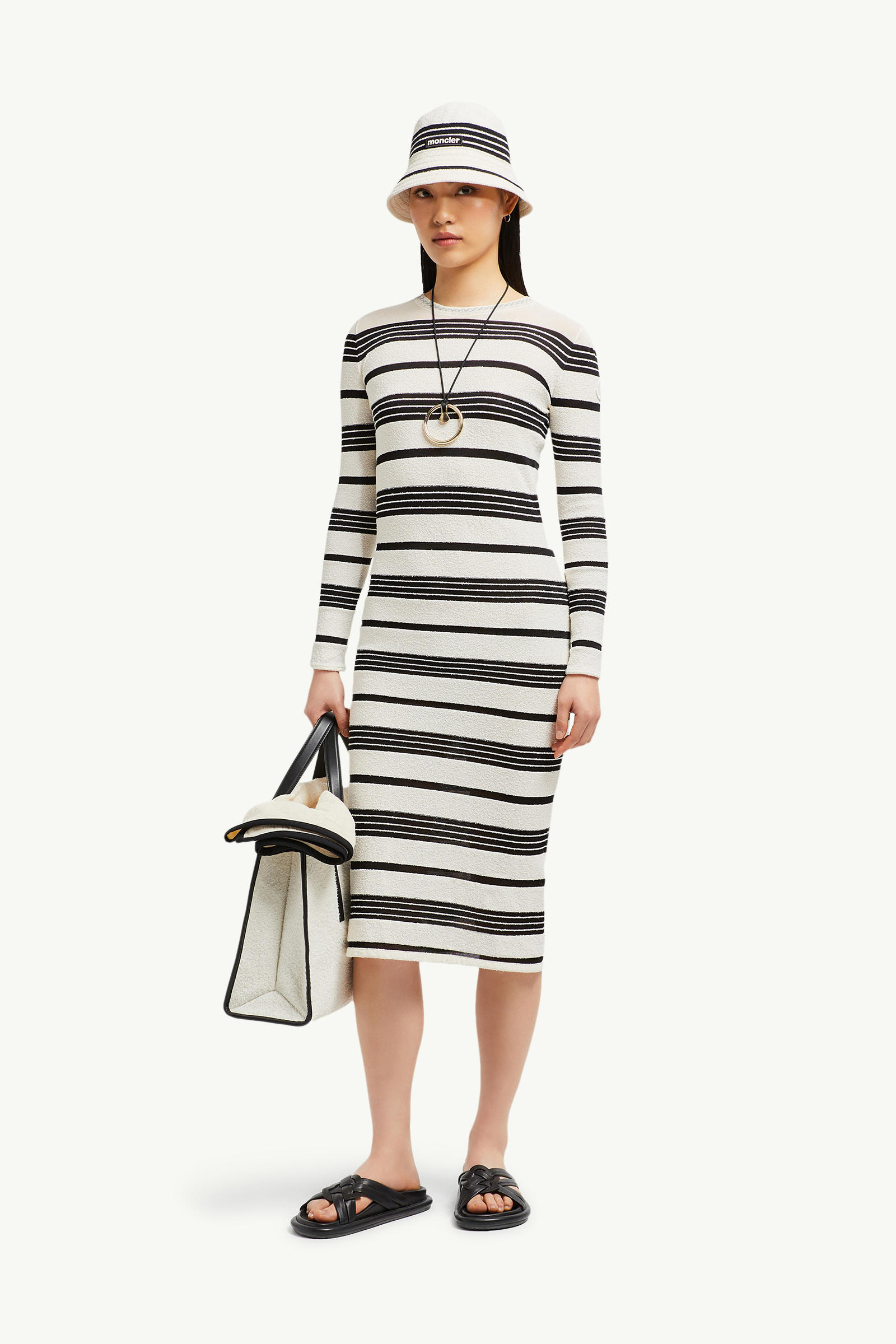 Striped Bouclé Midi Dress Women Black & White Moncler 0