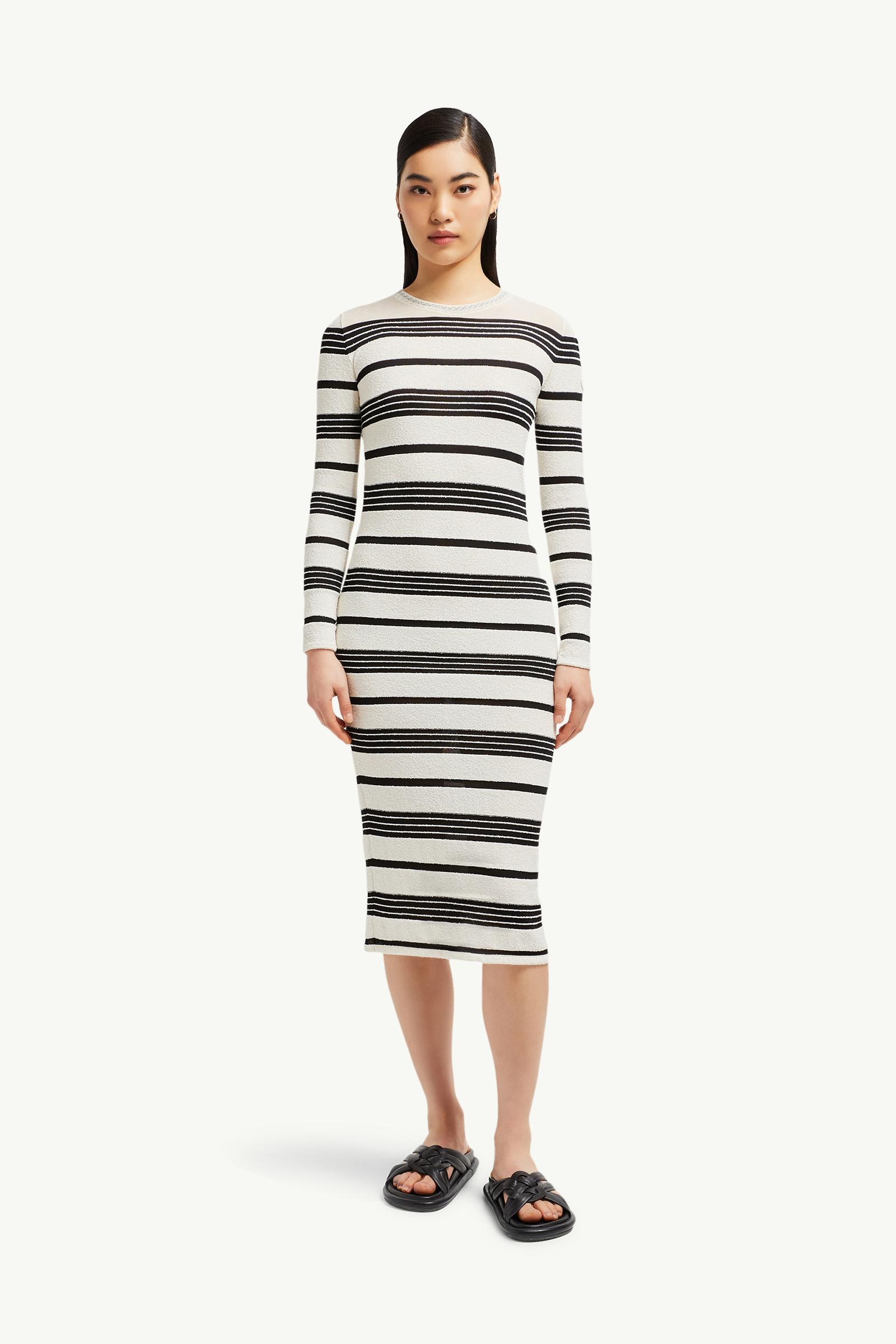【MONCLER】STRIPED BOUCLE MIDI DRESS ミディドレス ストライプ Black & White Striped Bouclé Midi Dress - Dresses for Women