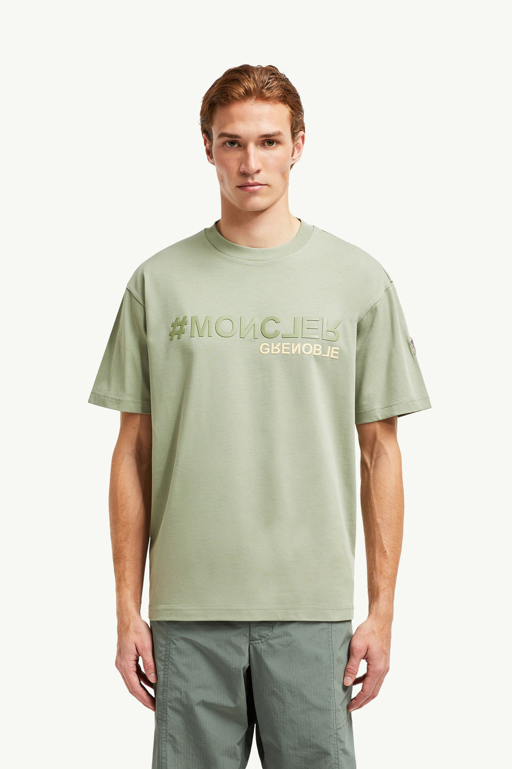 Mirrored Logo Cotton T-Shirt Men Light Green Moncler 3