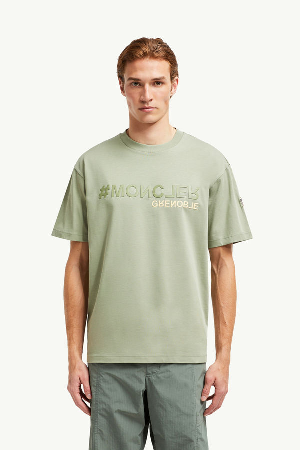 Mirrored Logo Cotton T-Shirt Men Light Green Moncler 3