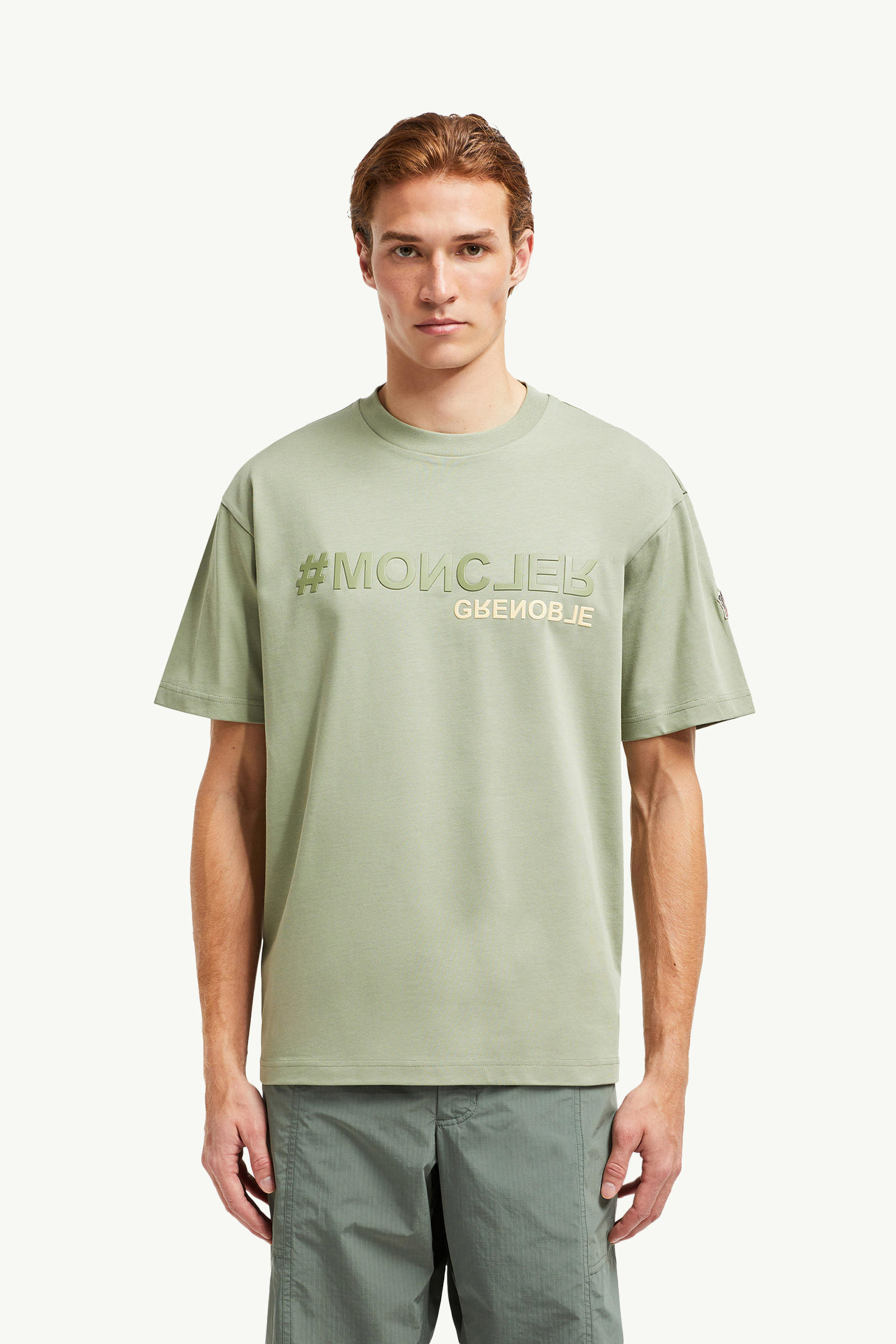 Mirrored Logo Cotton T-Shirt Men Light Green Moncler 3