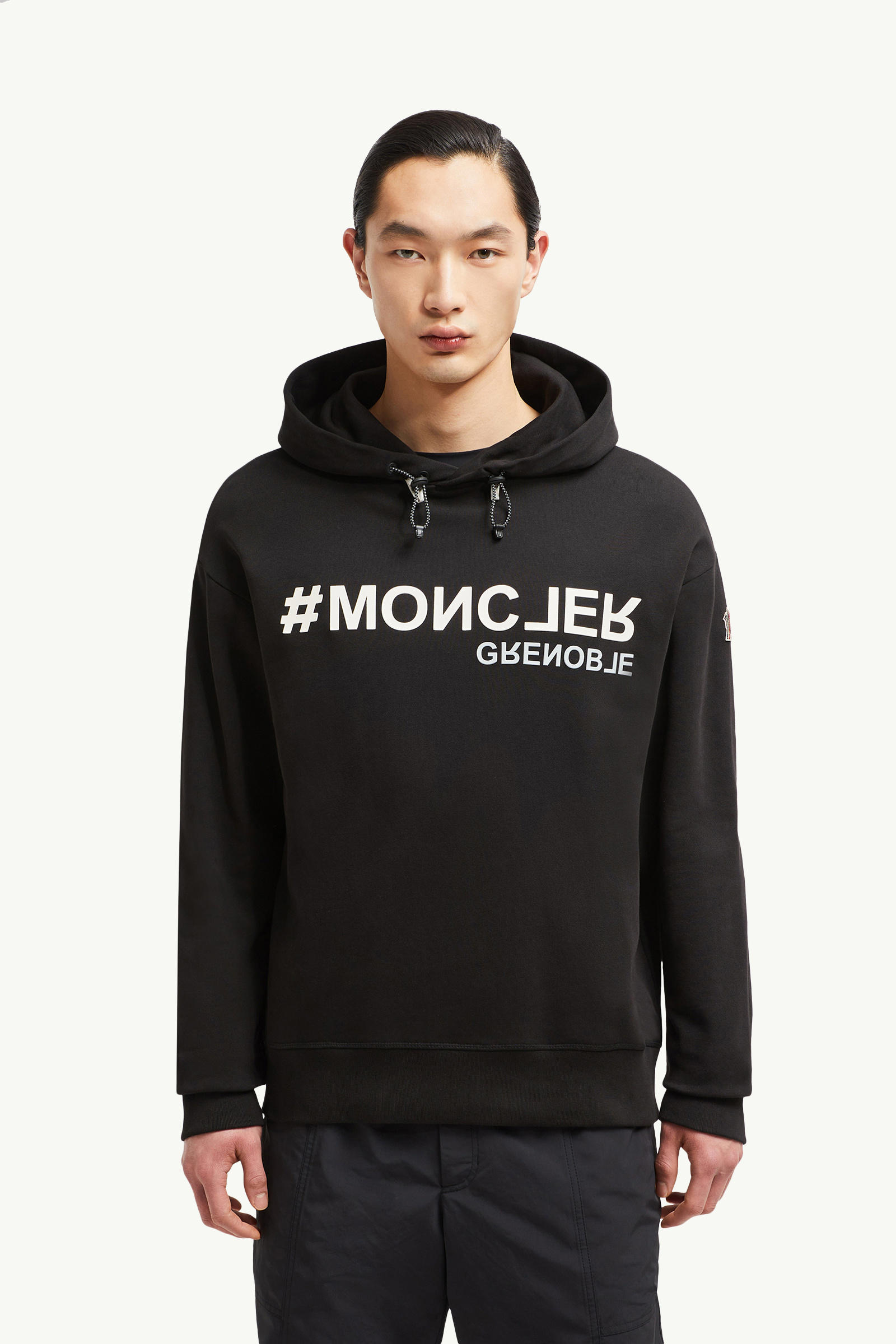 Mirrored Logo Cotton Hoodie Men Black Moncler 3