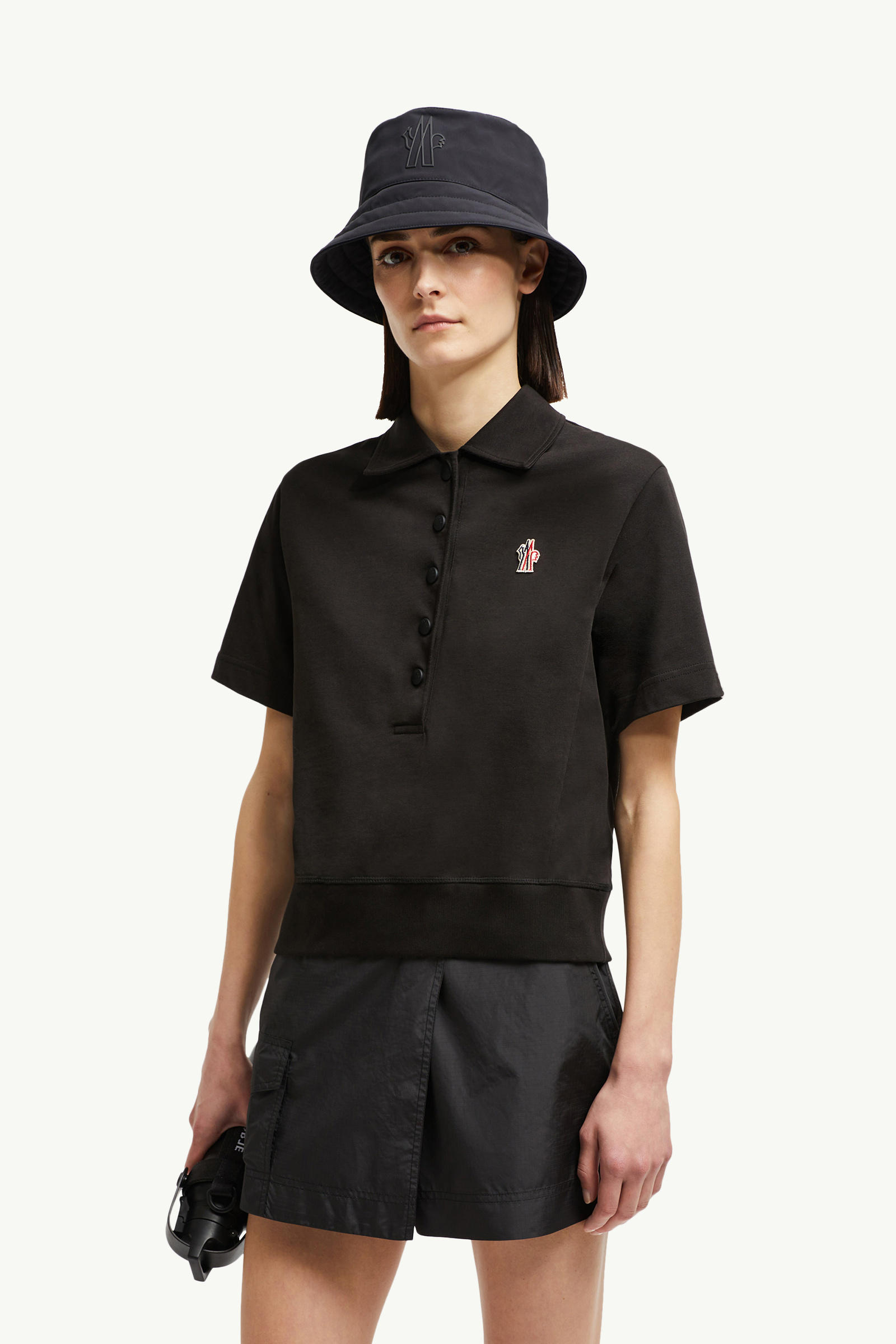 Polo in cotone con patch logato Donna Nero Moncler 0