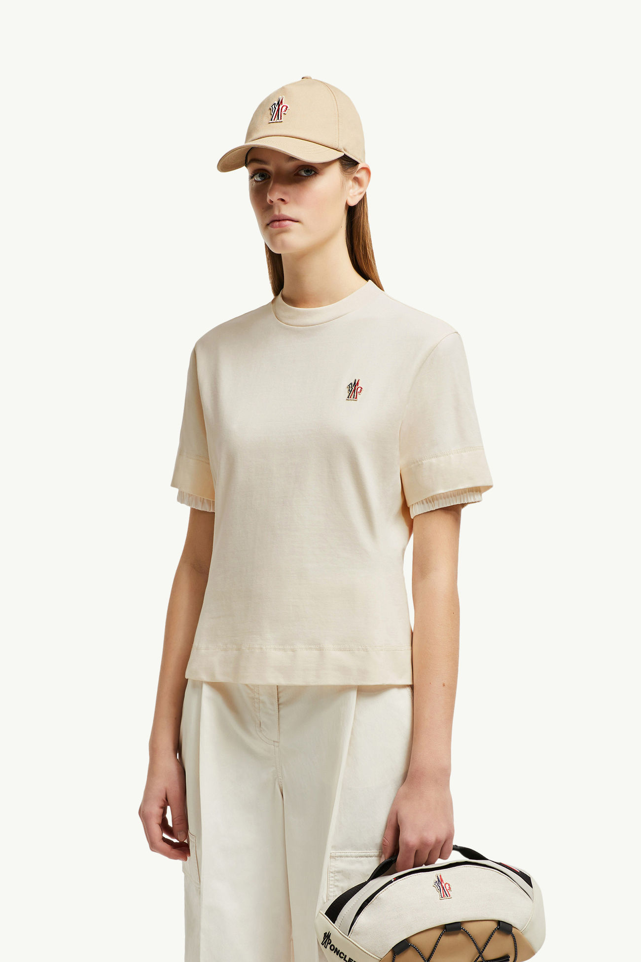 T-shirt in cotone con patch logato Donna Bianco Avorio Moncler 0